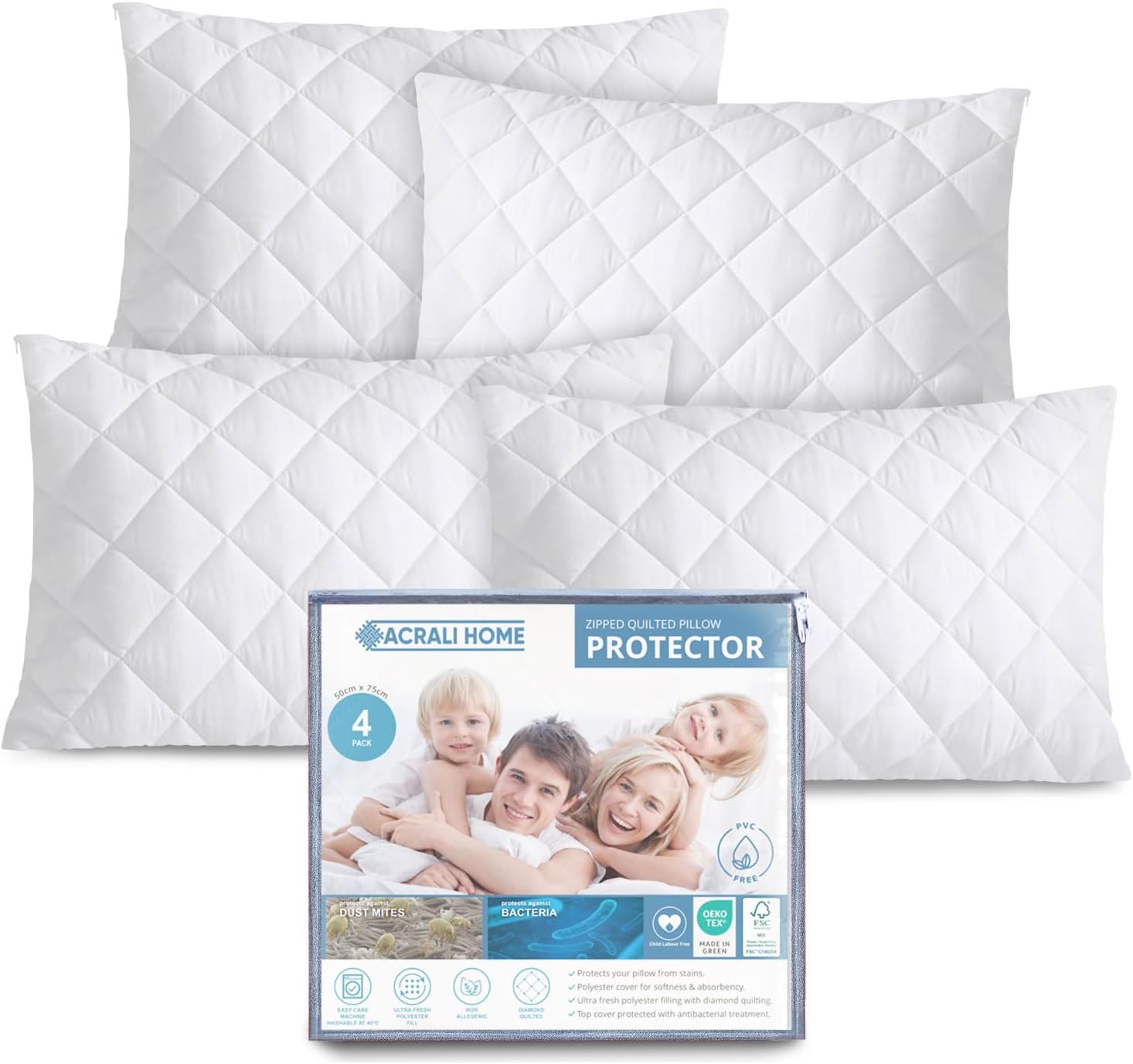 ACRALI HOME Quilted Pillow Protectors 4 Pack Zipped - 50x75 cm Microfiber Pillow...