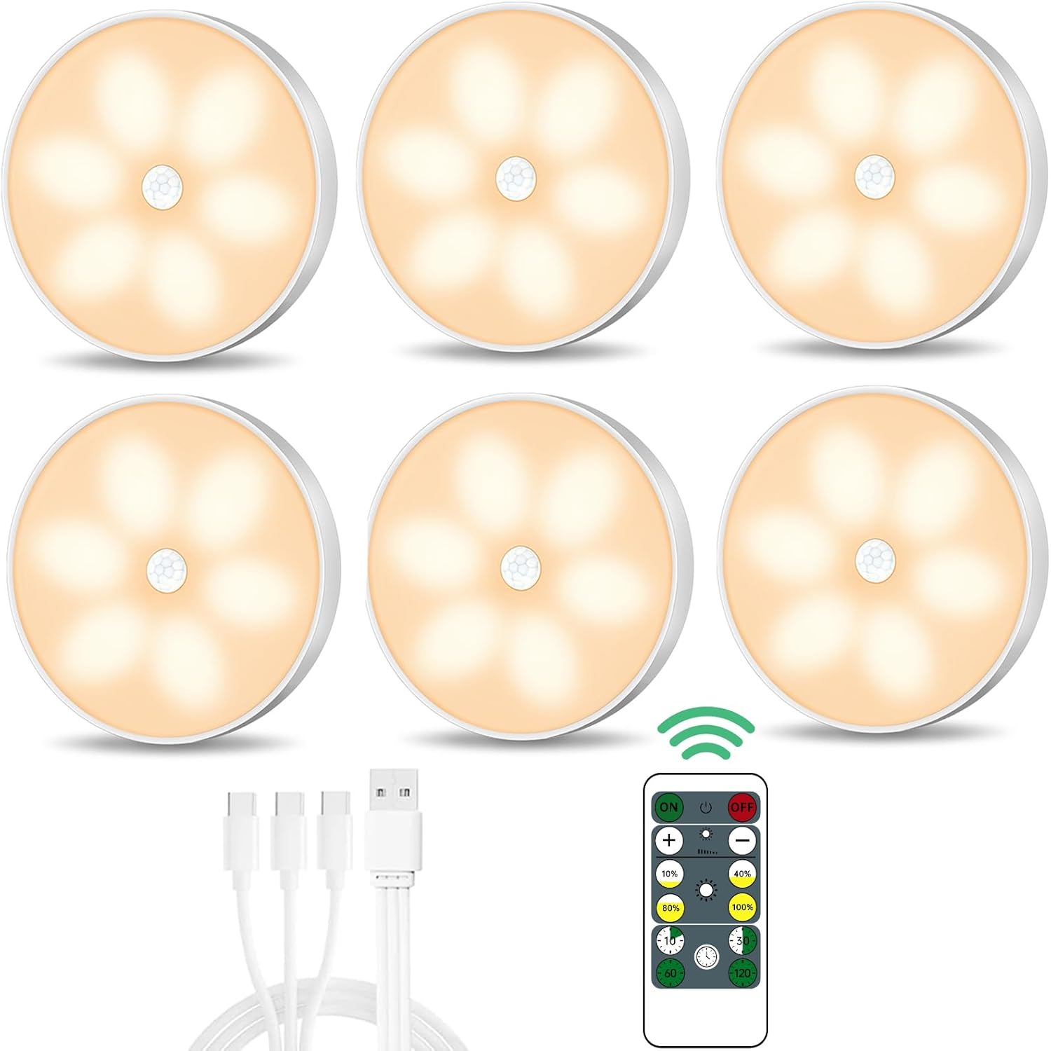Warm Color LED Closet Lights Wireless Motion Sensor Puck Light, USB Rechargeable...
