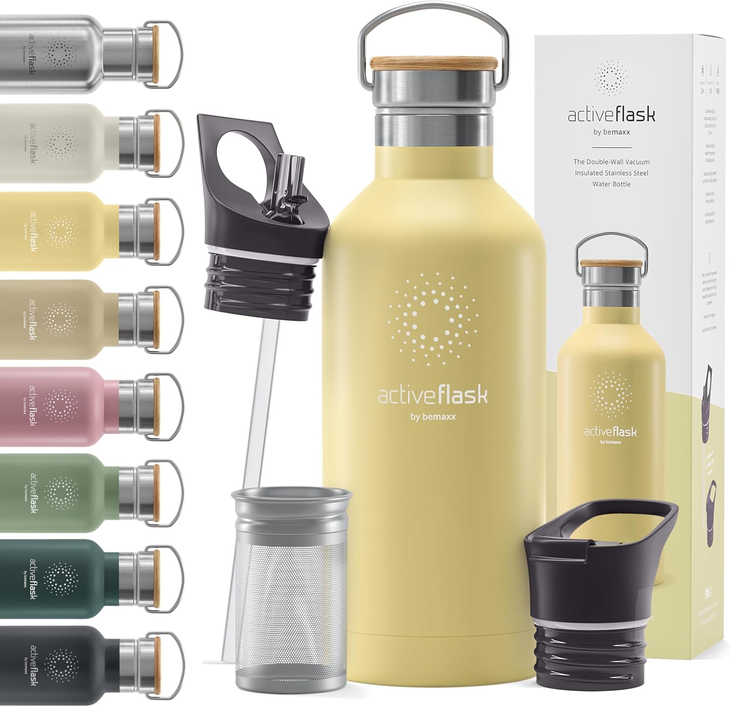 Stainless Steel Water Bottle with Straw, Infuser & 3 Lids: 1 & 0,5L Leak-Proof V...
