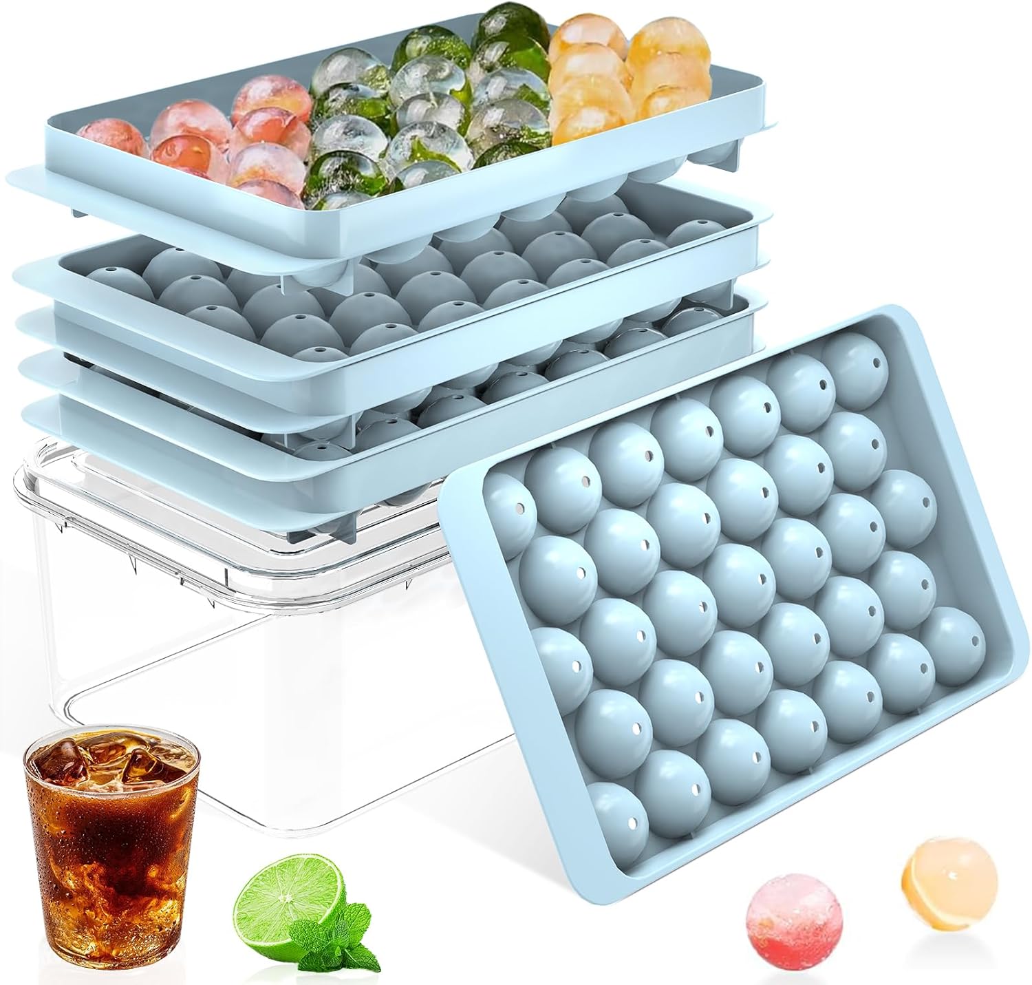 Ice Cube Tray with Lid and Bin – Round Ice Cube Trays for Freezer, BPA-Free Food...