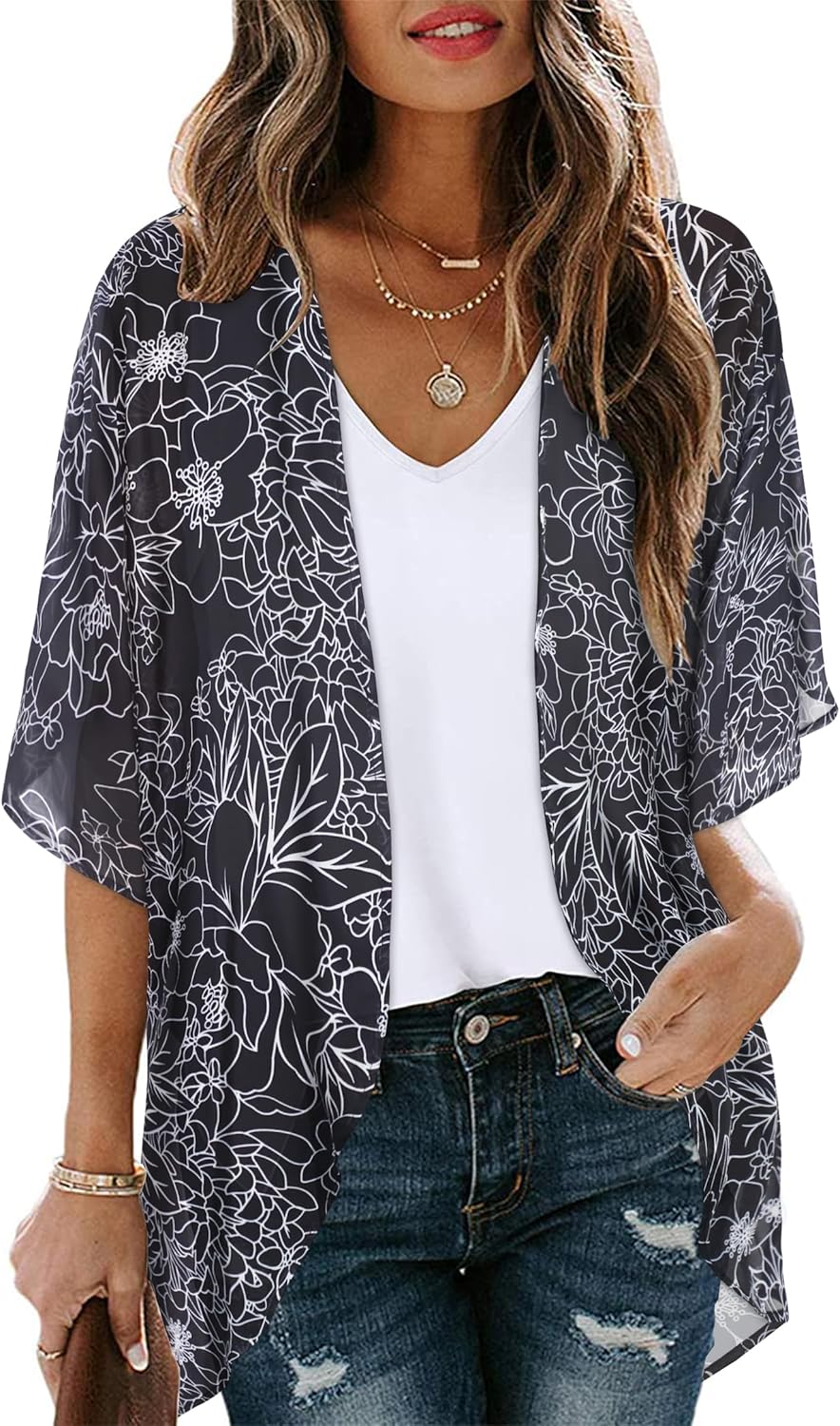 Women's Floral Print Puff Sleeve Kimono Cardigan Loose Cover Up Casual Blouse To...