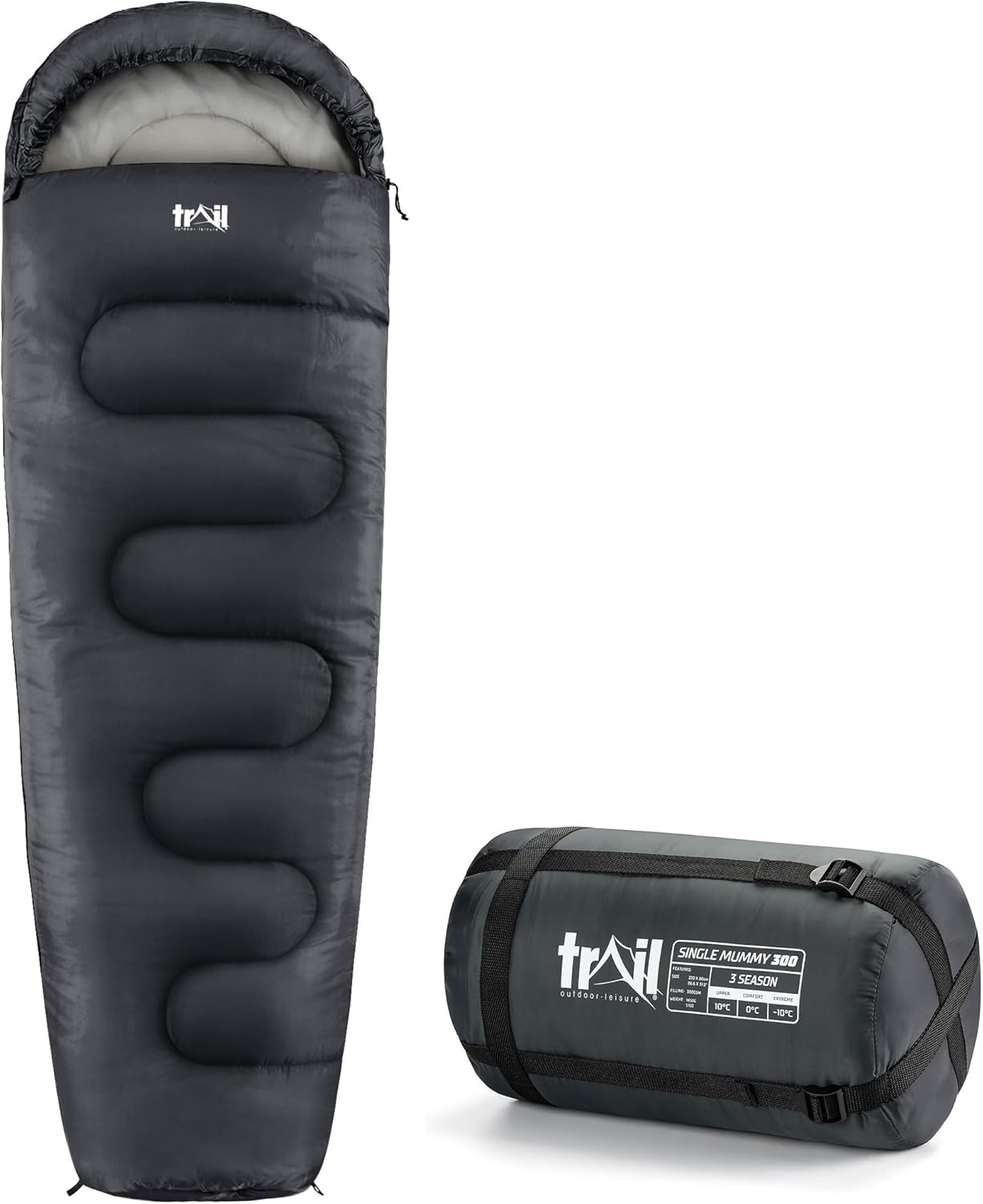 Trail Mummy Sleeping Bag For Adults, Single 3 Season Spring Autumn Winter, 300gs...
