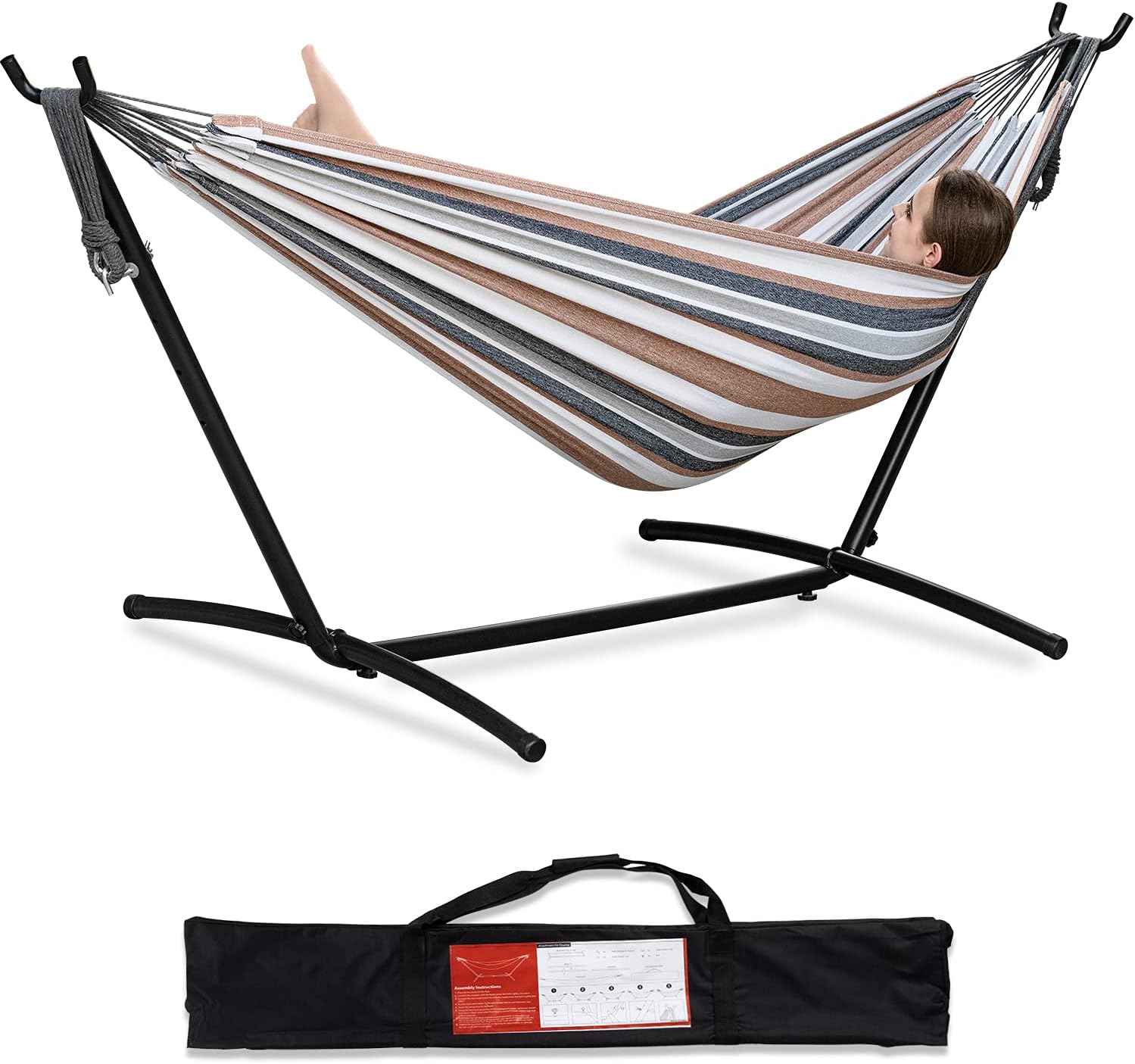 PNAEUT Double Hammock with Space Saving Steel Stand Included 2 Person Heavy Duty...