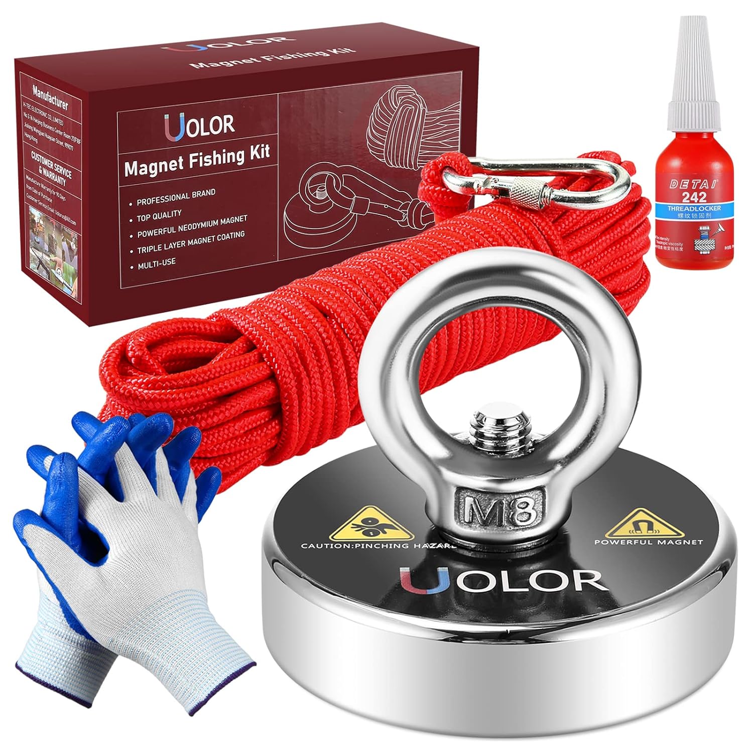 Uolor Magnet Fishing Kit with Rope 20M(66ft), Gloves & Threadlocker, N35 Super P...