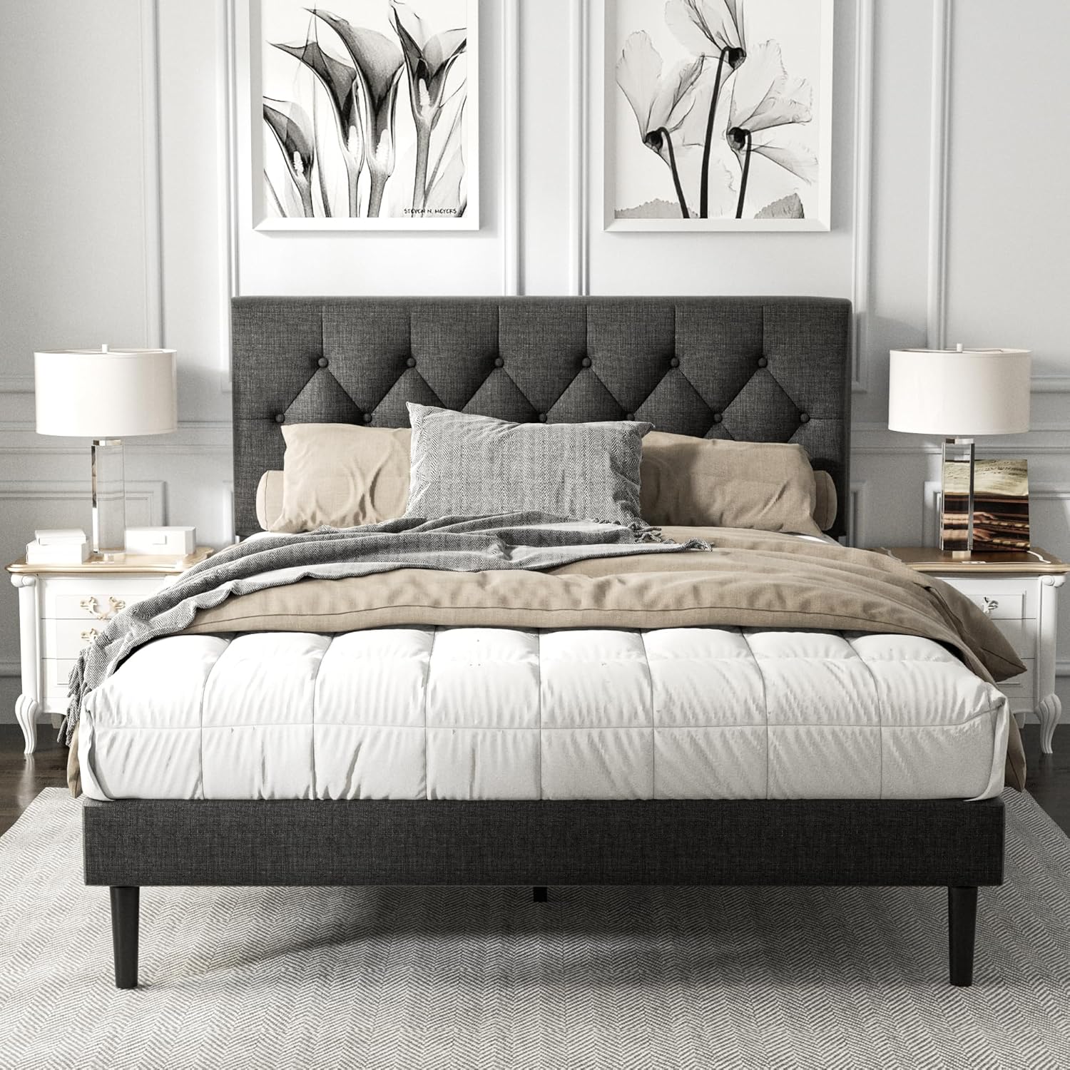 Queen Size Platform Bed Frame with Upholstered Button Tufted Headboard, Mattress...