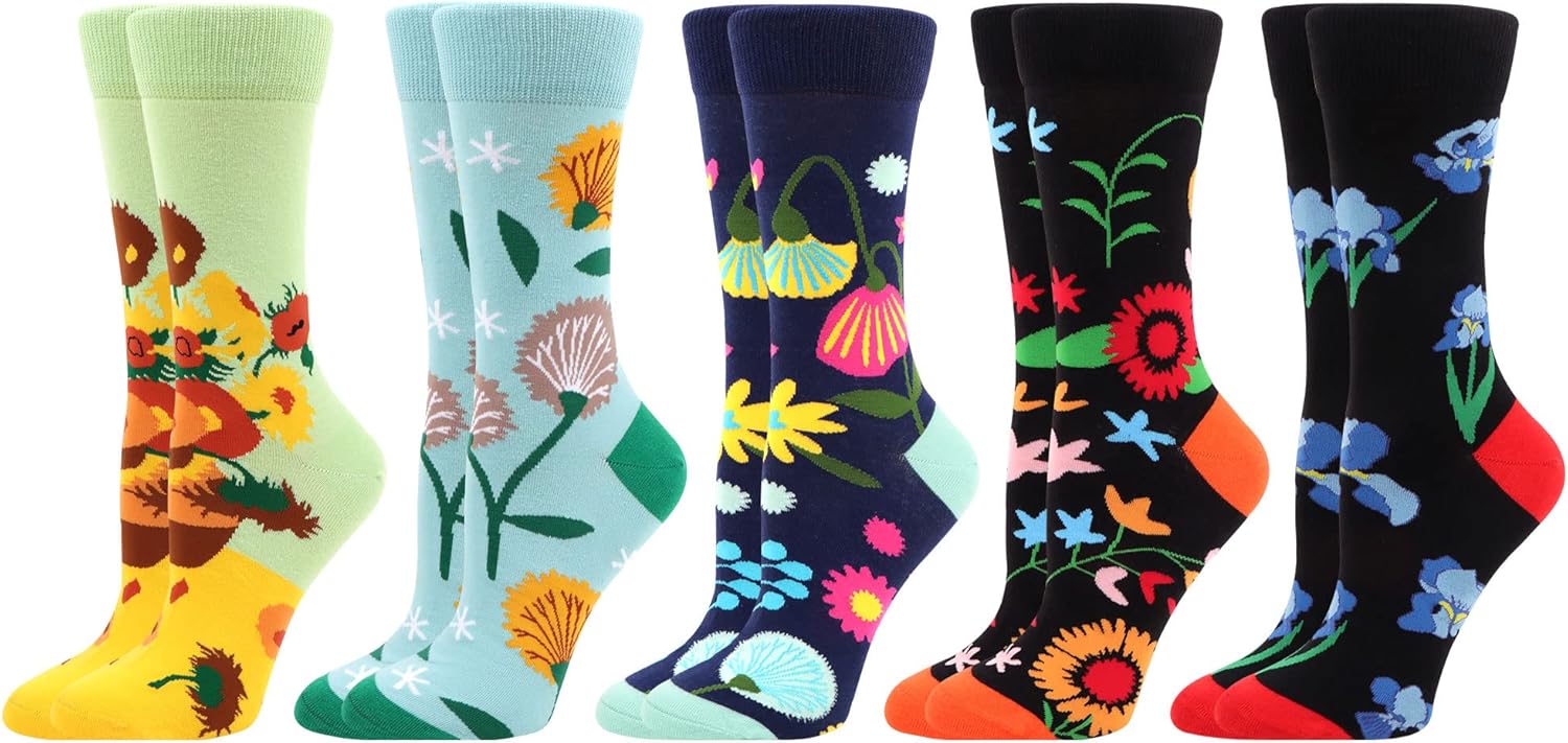 WeciBor 5 Pairs Women's Funny Colorful Novelty Pattern Combed Cotton Socks 4-7 B...