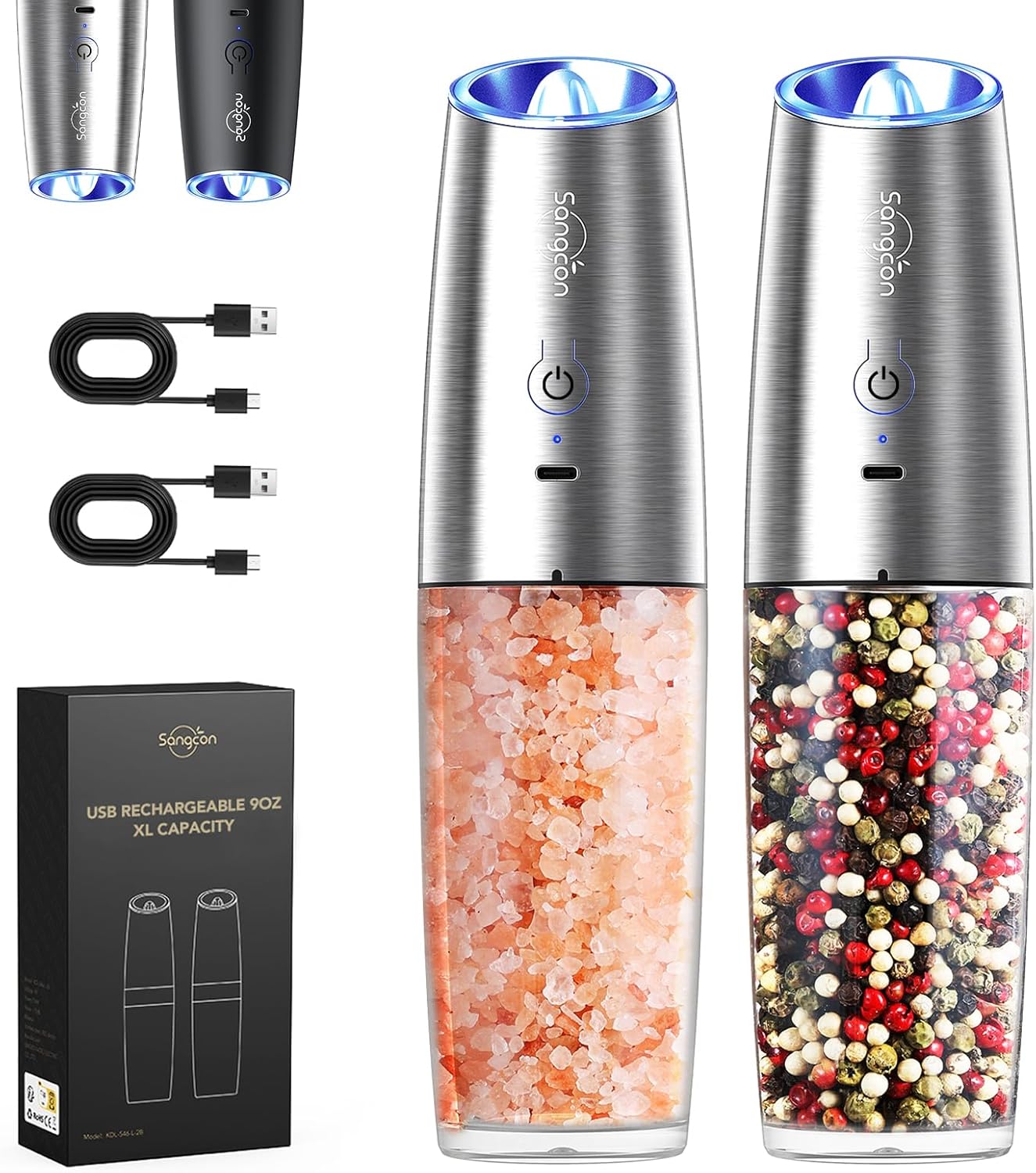 Sangcon Gravity Electric Salt and Pepper Grinder Set Shaker 𝐔𝐩𝐠𝐫𝐚𝐝𝐞𝐝 Rechargeabl...