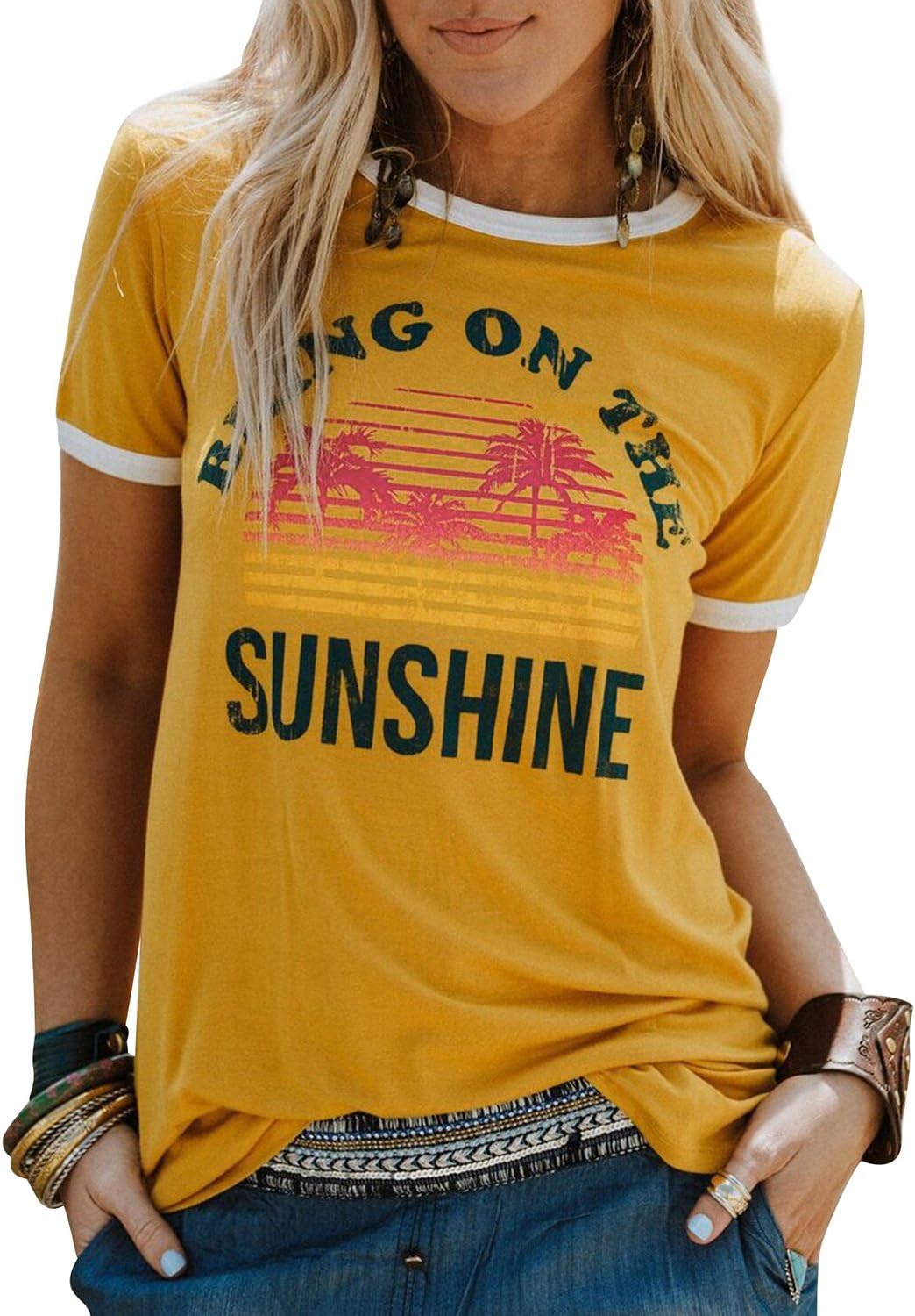 Dresswel Women Bring On The Sunshine T-Shirt Rainbow Graphic Print Short Sleeve...