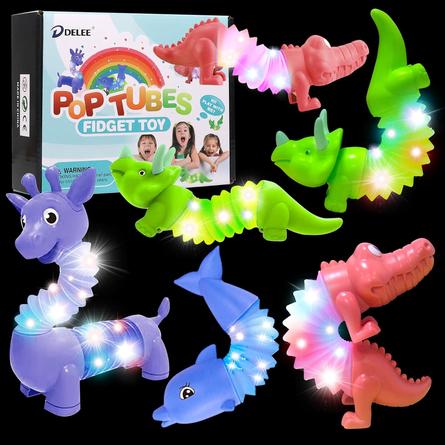 DELEE Pop Tubes Animal Toy,Sensory Tubes for Autism with LED Light,4Packs Glow A...