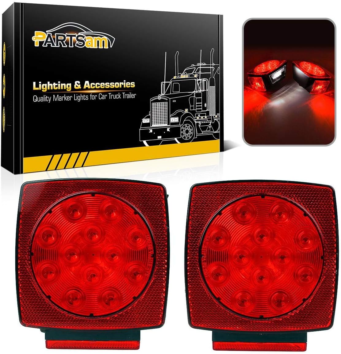 Partsam 12V Submersible Square Led Trailer Light,Red White LED Stop Turn Tail Li...