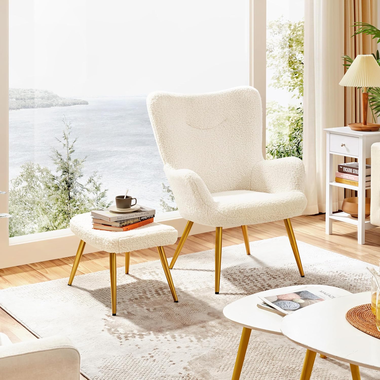Yaheetech Boucle Accent Chair and Ottoman Set, Sherpa Armchair with Golden Metal...