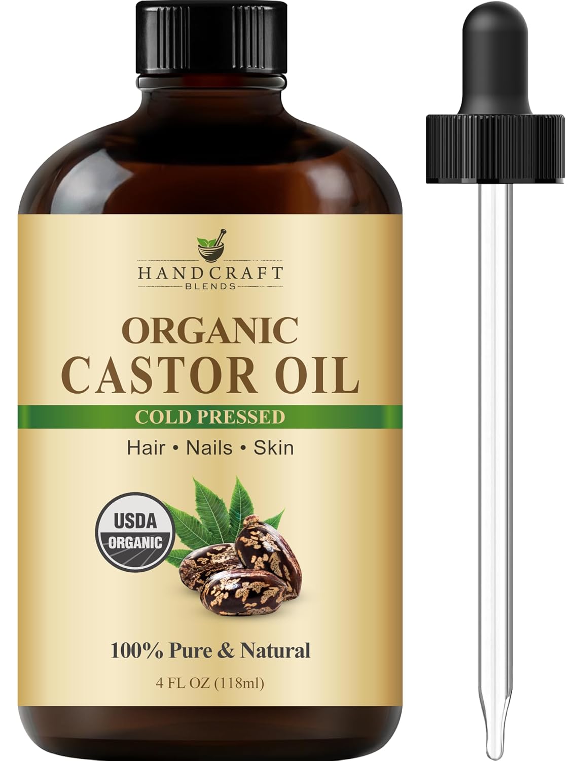 Handcraft Blends Cold-Pressed Organic Castor Oil in Glass Bottle - 4 Fl Oz - 100...