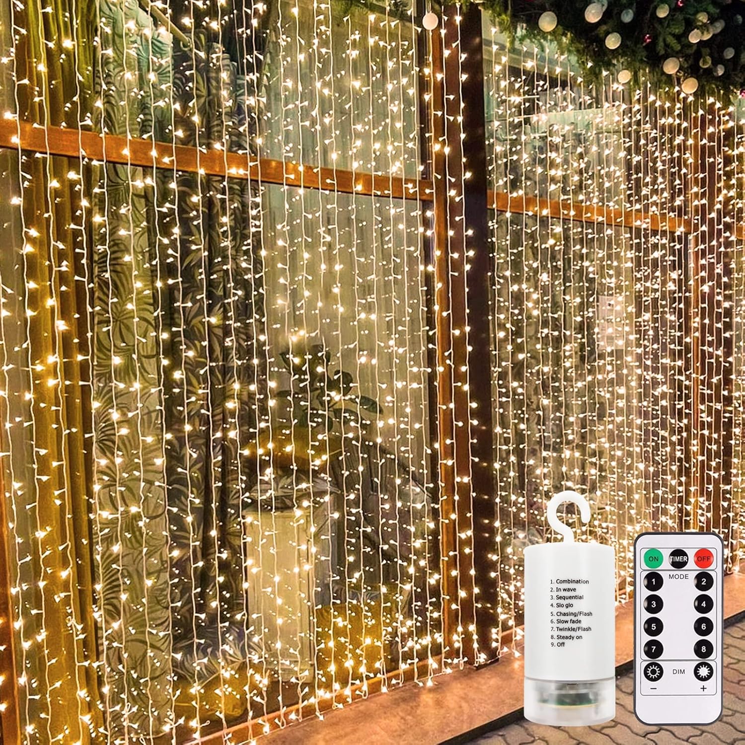 echosari 300 LED Curtain Lights Battery Operated, 9.8ft×9.8ft Hanging Lights wit...