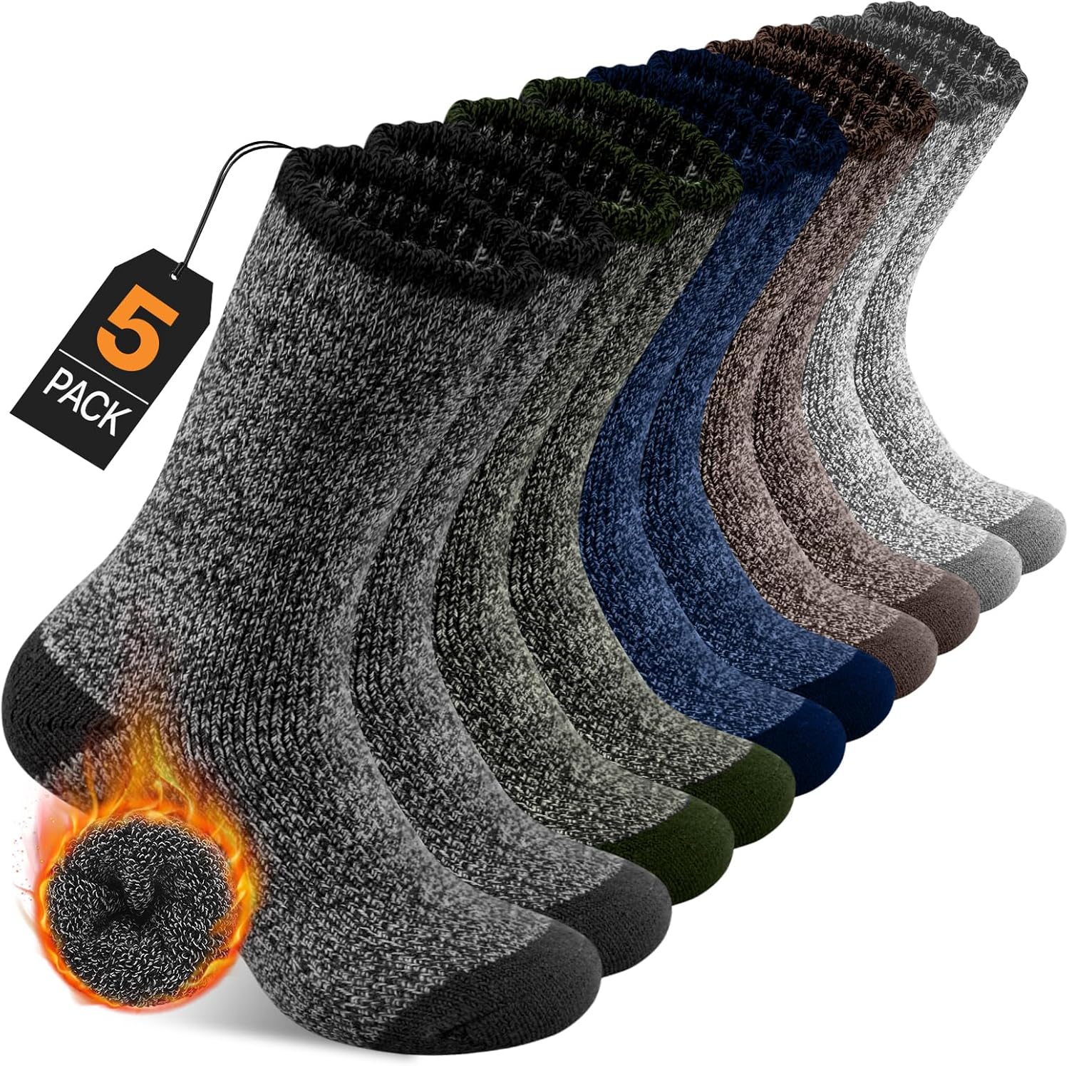 YUTYTH Merino Wool Socks Mens - 5 Pairs Thick Winter Wool Hiking Socks, Warm The...