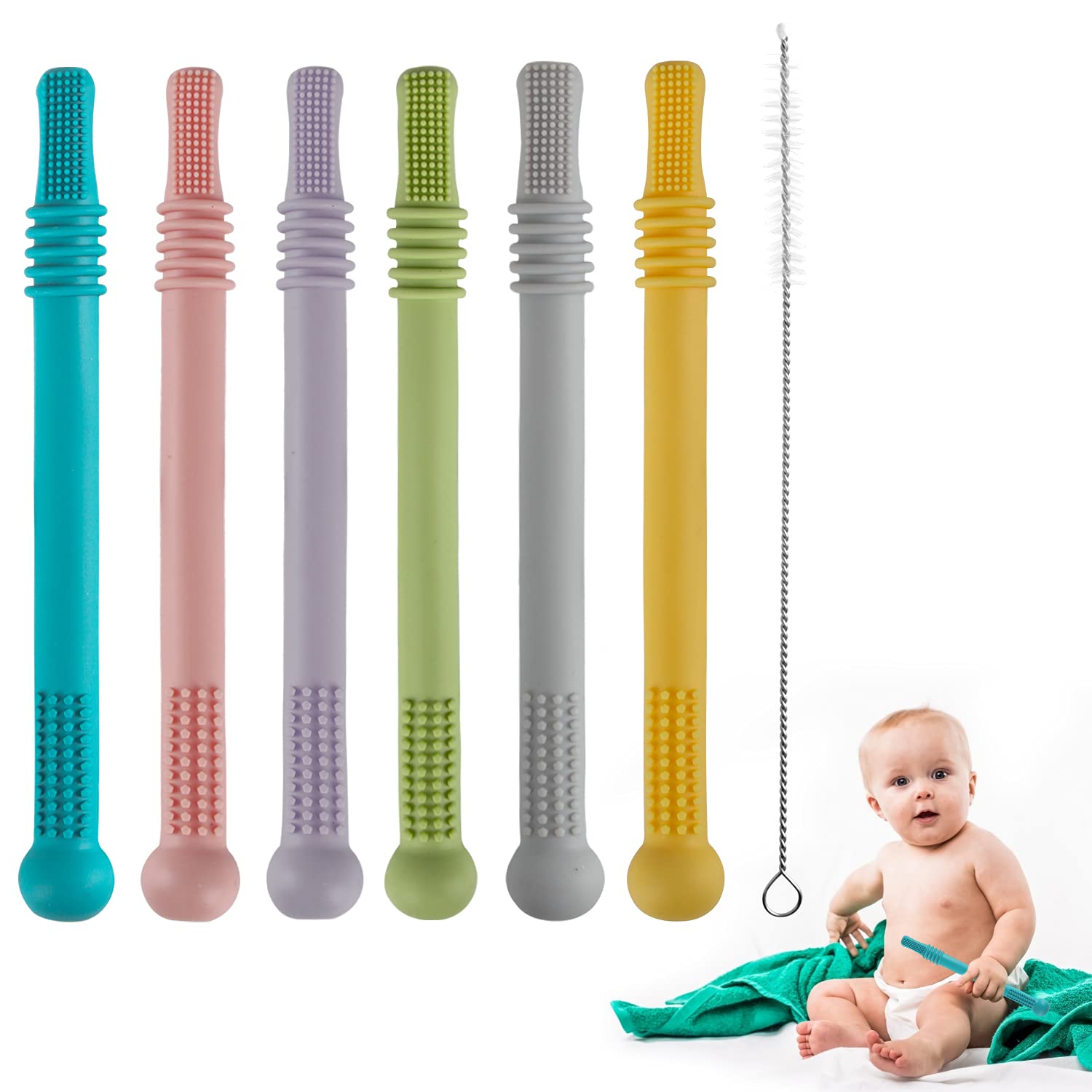 Fu Store Hollow Teether Tube Chew Straw Sensory Toy for Infant Toddlers Silicone...