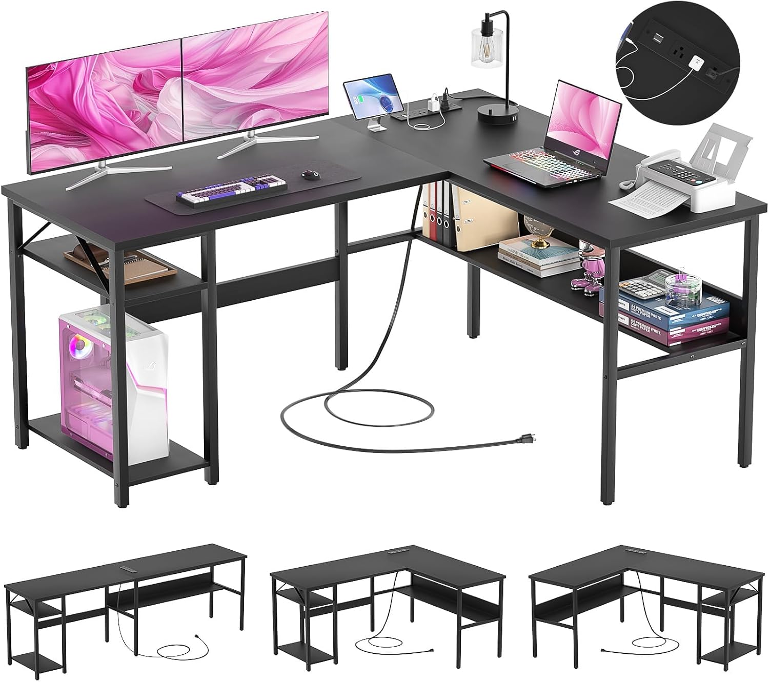 Reversible L Shaped Computer Desk with Power Outlets and USB Charging Ports, Stu...