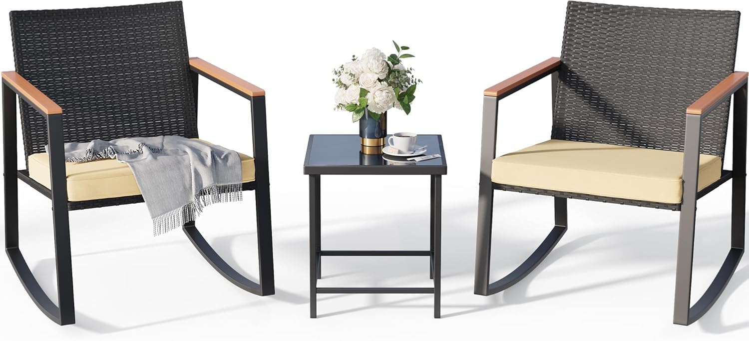 Gizoon 3 Pieces Rocking Patio Bistro Set with Anti-Scald Armrest, Outdoor Patio...