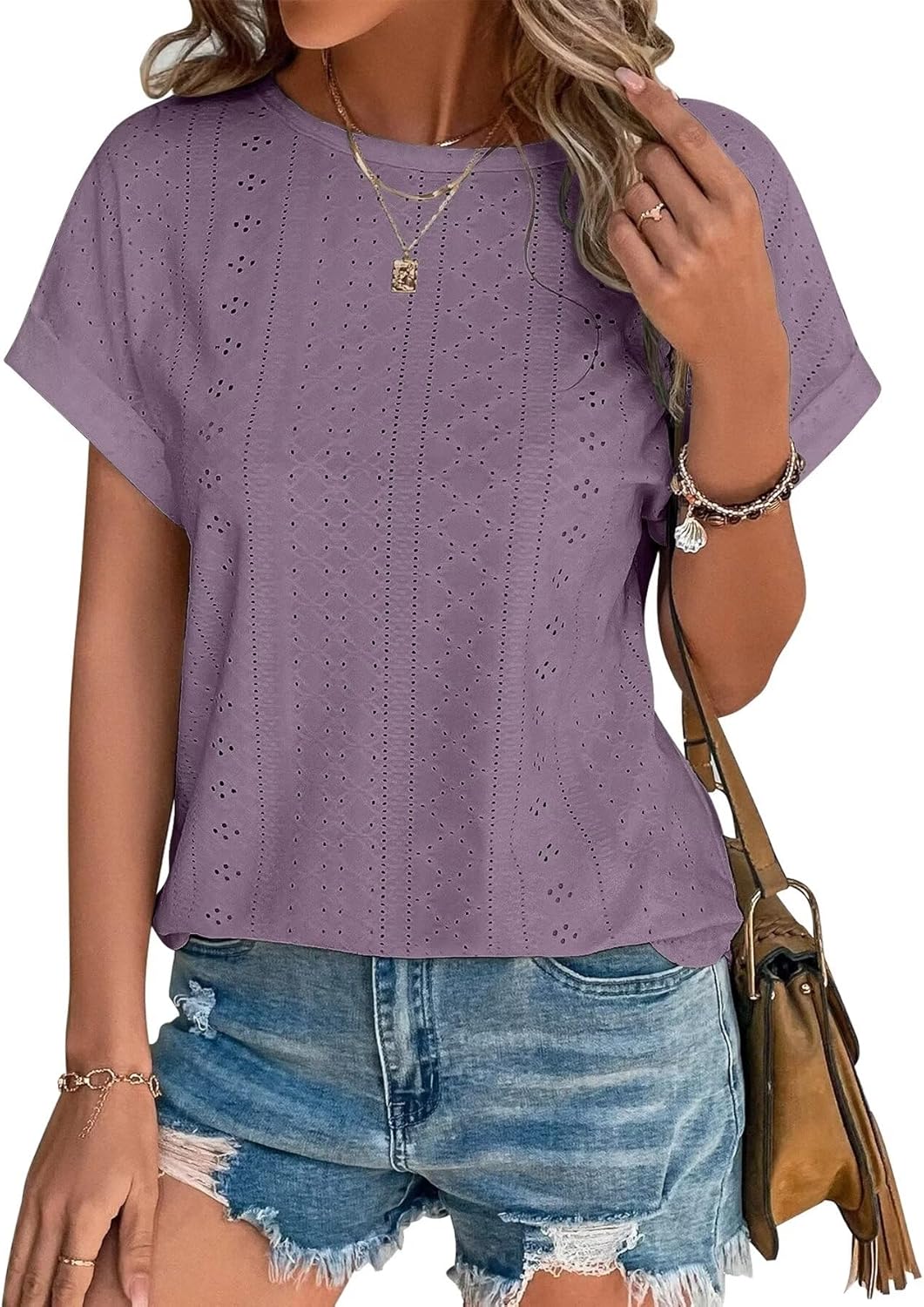 Bliwov Womens Tops Eyelet Embroidery Summer Spring Crewneck Curved Hem 2025 Loos...
