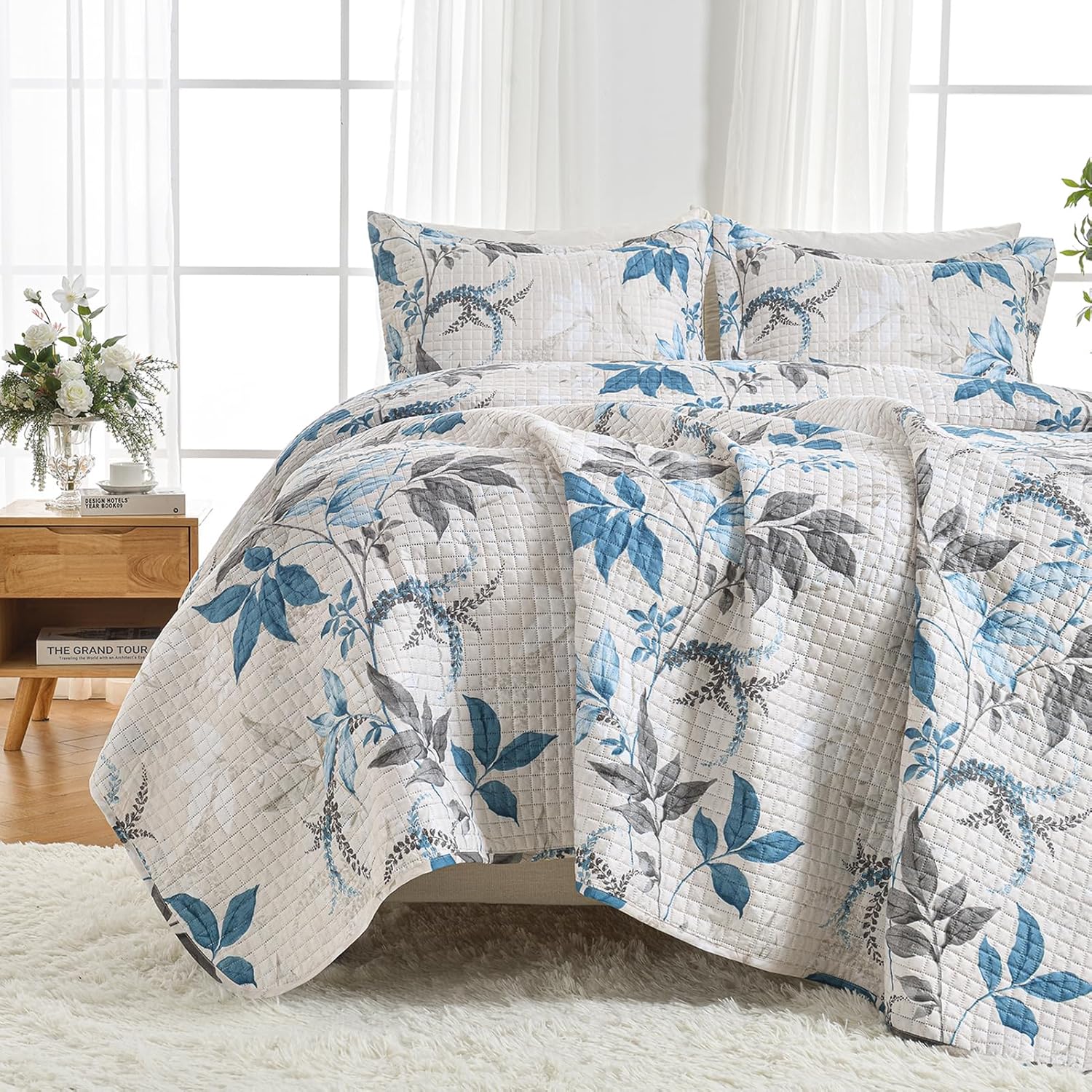 HollyHOME 3 Pieces Twin Size Quilt Sets with Teal and Gray Leaves Design Bedspre...