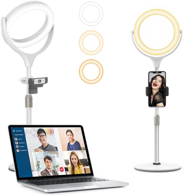 Desk Ring Light with Stand & Phone Holder, 7'' LED Ring Light for Laptop/PC/Webc...