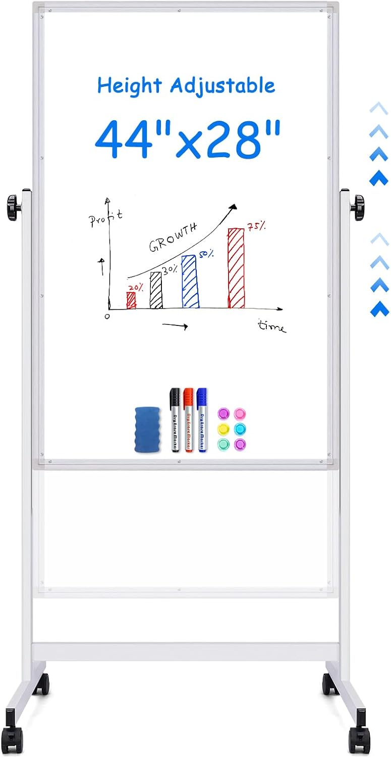 maxtek Rolling White Board, 44x28 Height Adjustable Whiteboard on Wheels, Large...