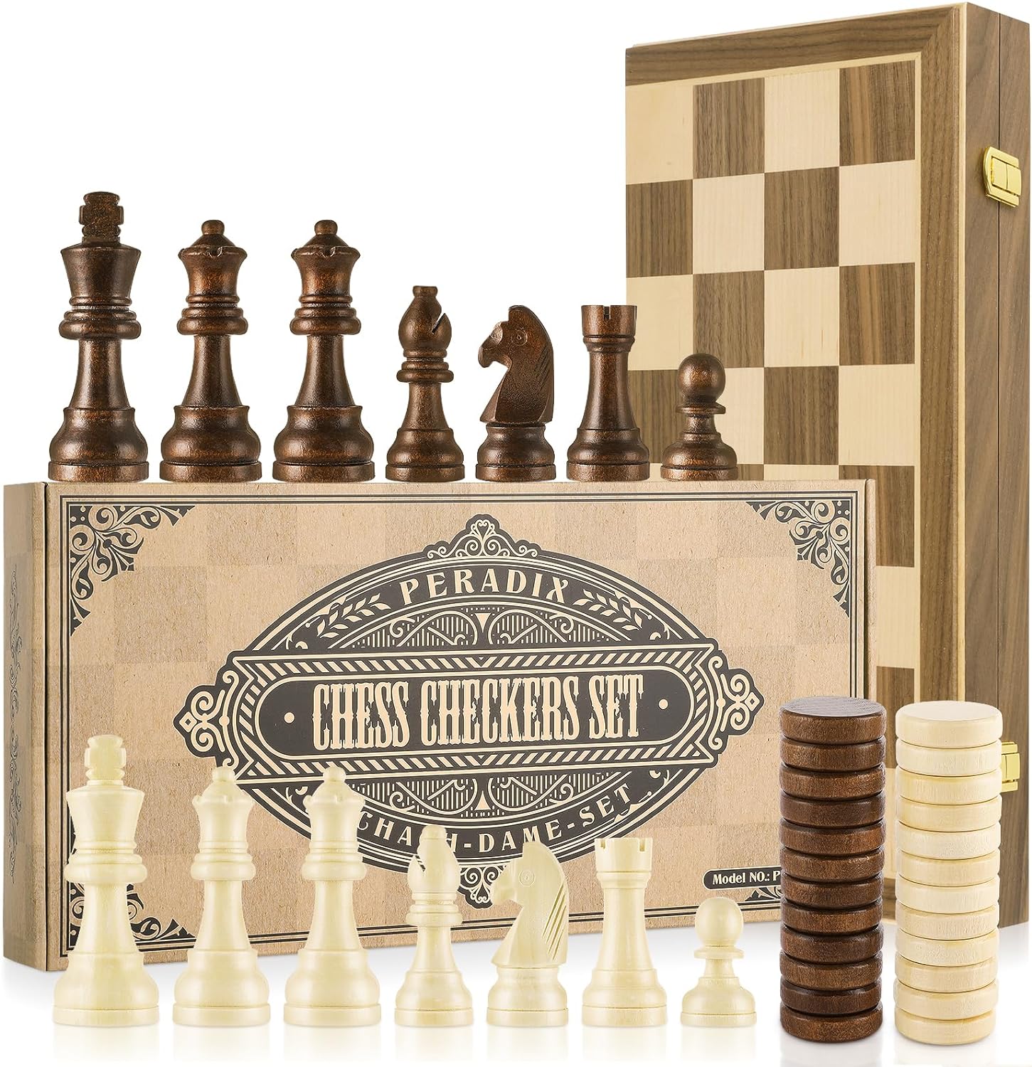 Peradix Chess Set and Draughts Board Games 2 in 1 Set | 15" Magnetic Foldable Wo...