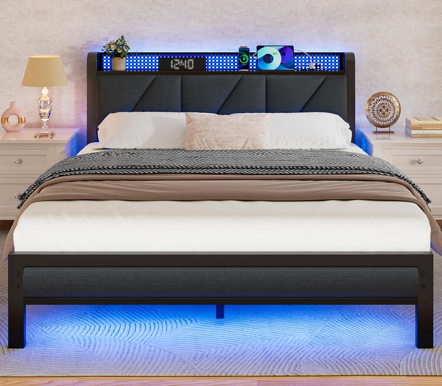 Furnulem Full Bed Frame with LED Lights,Headboard with Charging Station and USB...