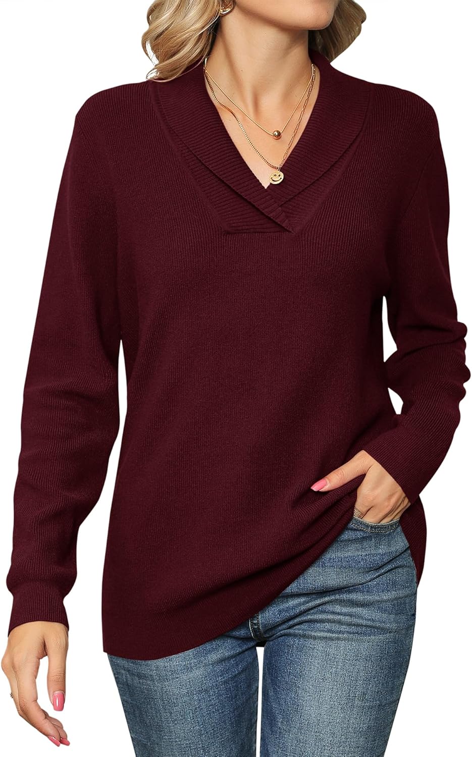 Ivicoer Women Long Sleeve V Neck Pullover Collar Knitted Sweaters Medium Wine Re...