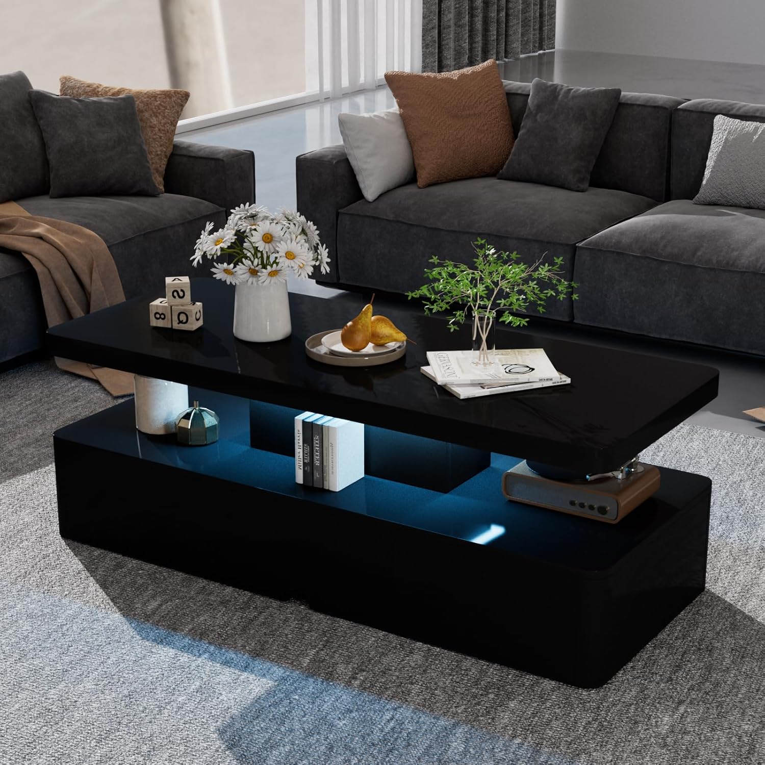 oneinmil Modern Stylish Coffee Table with 16 Colors LED Lights, Double-Layer Des...