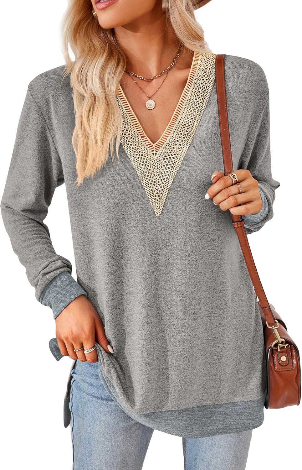 iChunhua Womens V Neck Lace Trim Lightweight Soft Jumpers Ladies Colour Contrast...
