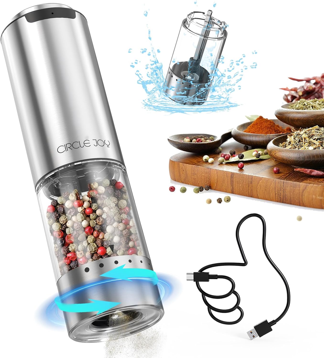 CIRCLE JOY Electric Pepper Grinder Rechargeable, Stainless Steel Pepper Mill wit...