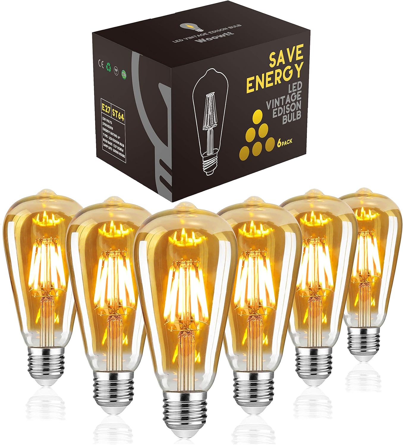Woowtt LED Edison Bulb, Vintage Light Bulb, Dimmable 6W E27 LED Bulbs, Led Filam...