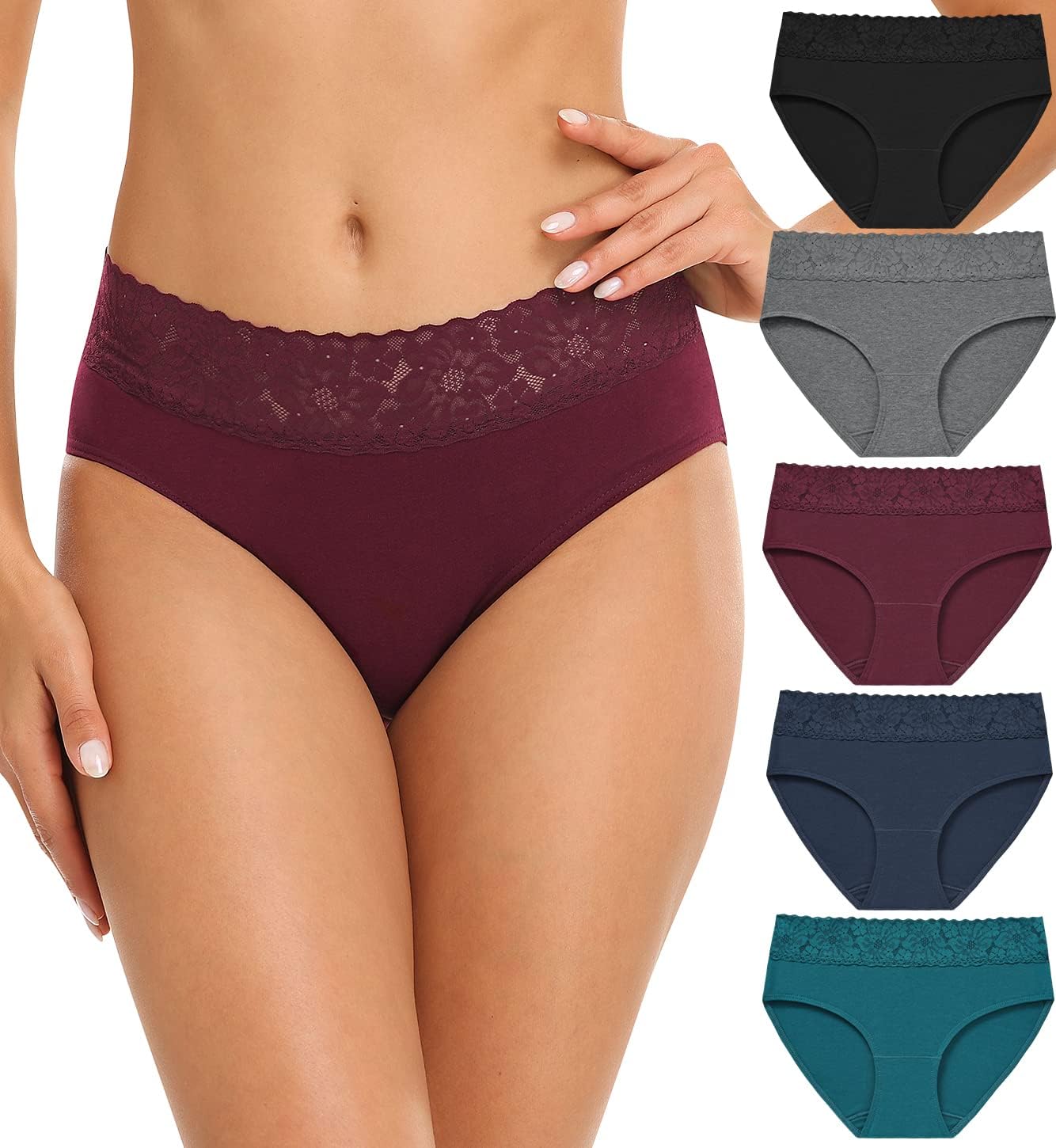 Wealurre Cotton Underwear Women Lace Waistband Full Briefs Ladies High Leg Knick...