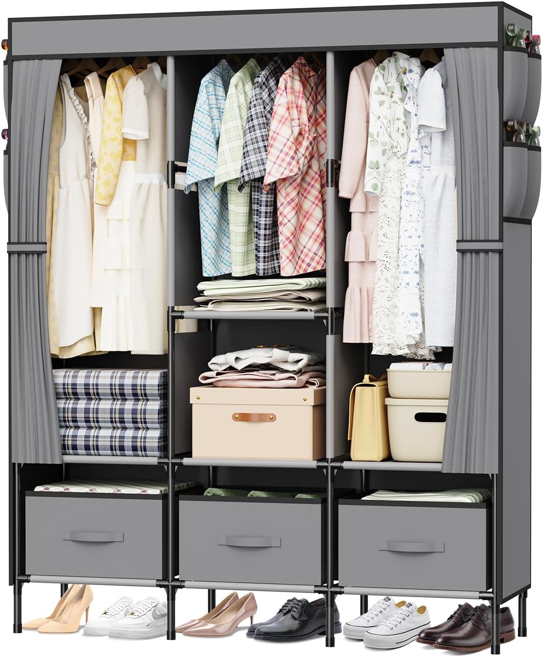 LOEFME Canvas Wardrobe, Fabric Wardrobes for Bedroom with 3 Storage Boxes and Ha...