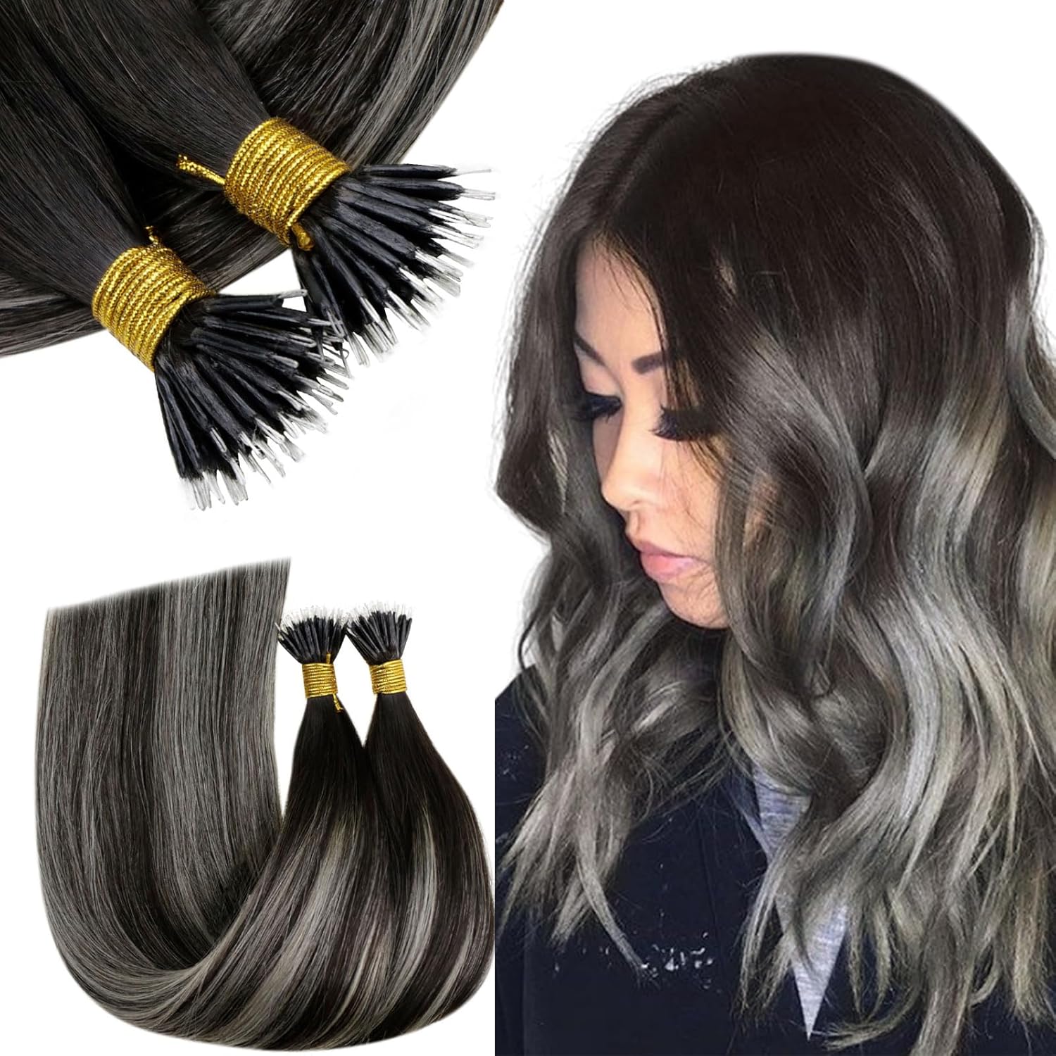 RUNATURE Nano Hair Extensions Real Human Hair Black Ombre Silver Blonde Nano Tip...