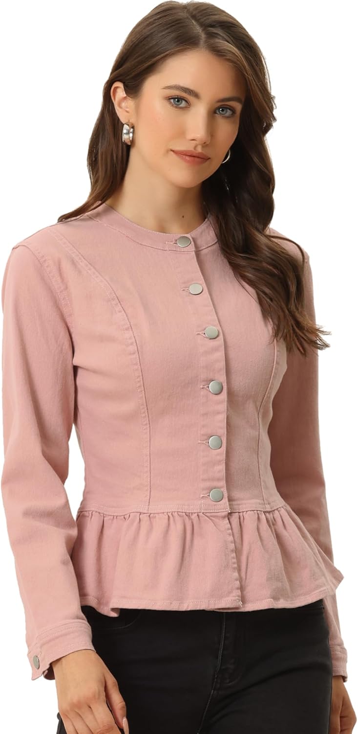 Allegra K Women's Peplum Denim Jackets Collarless Round Neck Button Down Cropped...