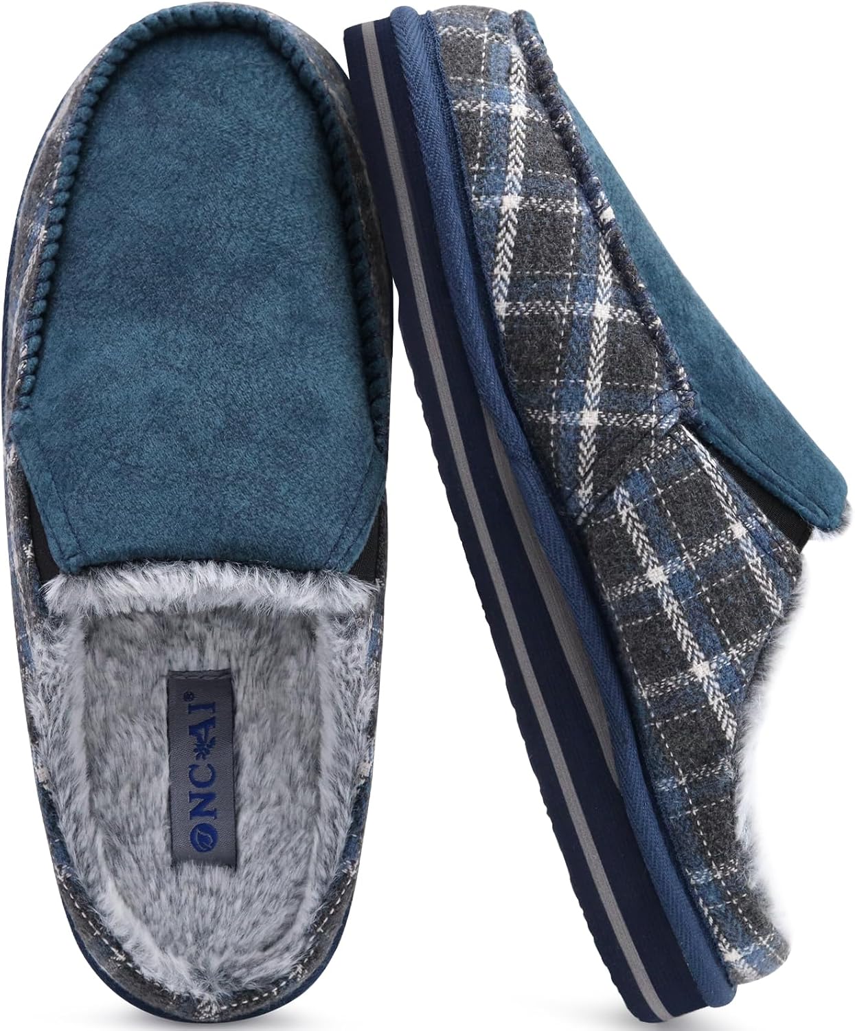 ONCAI Mens Clog Slippers with Arch Support Stripe Faux Fur Cotton-Blend High-Den...