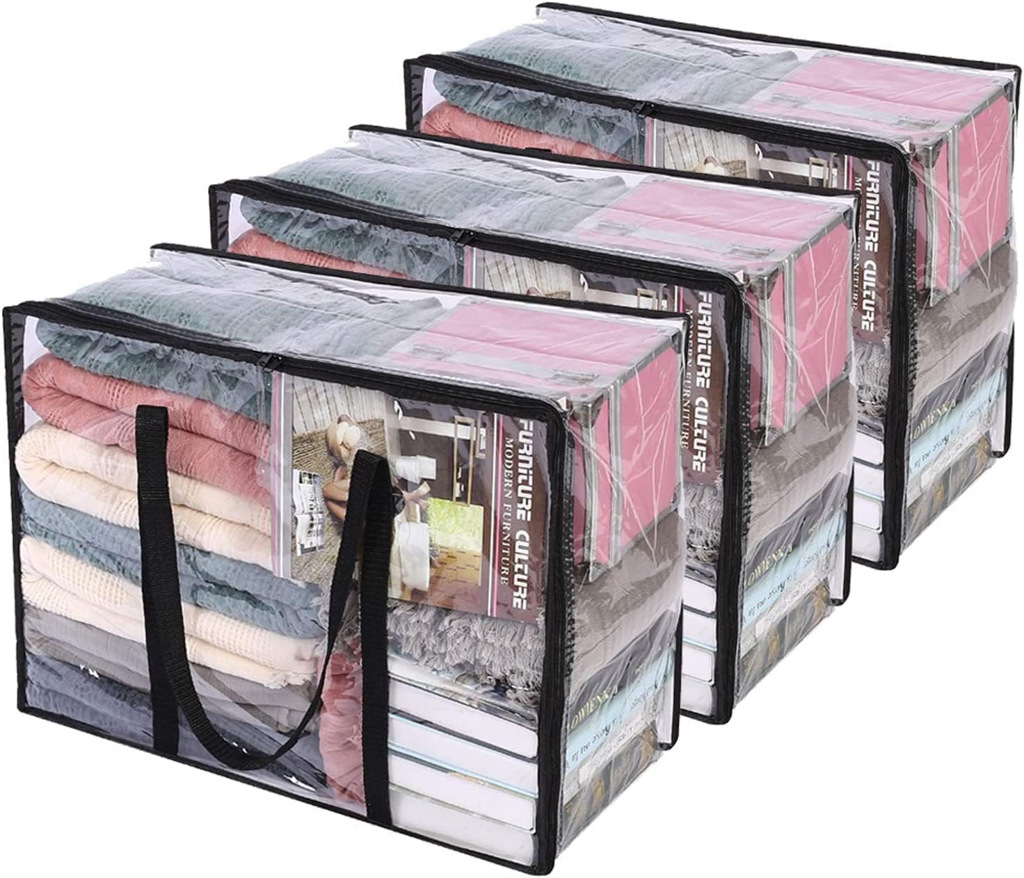 Vieshful 3 Pack Clear Comforter Storage Bag, 40L Clothes Storage Bag with Zipper...