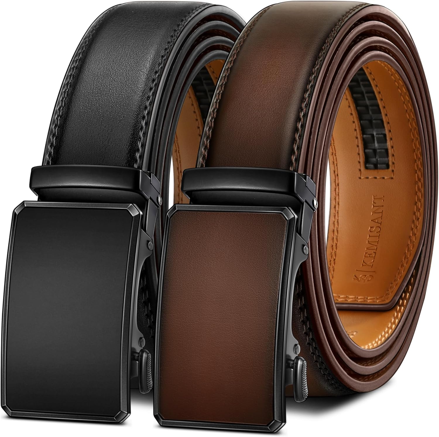 KEMISANT Men Belt 2 Pack, Leather Ratchet Belt Easy Click Slide For Men 1 3/8",C...