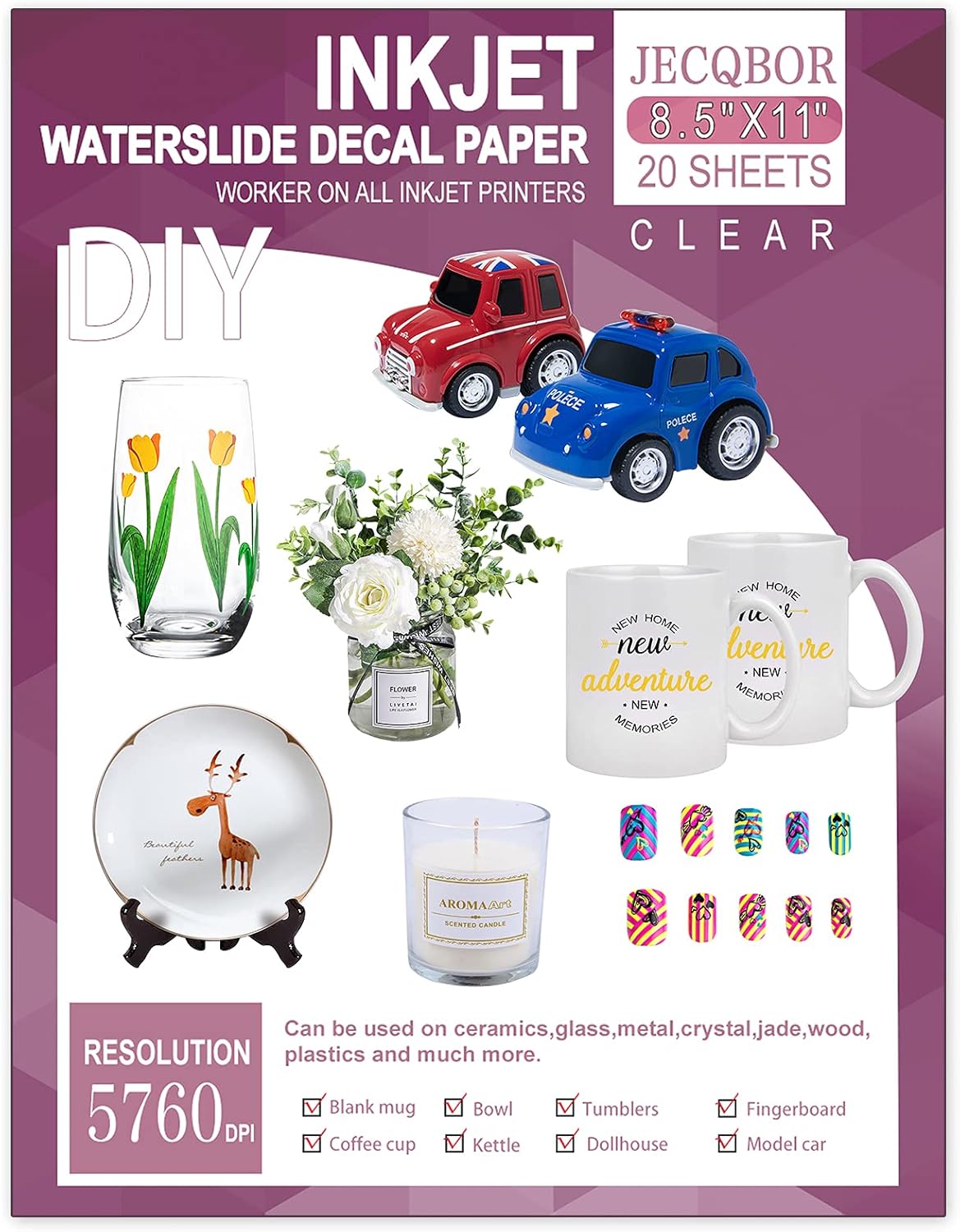 20 Sheets Waterslide Decal Paper INKJET CLEAR,8.5X11 Inch Water Slide Transfer P...