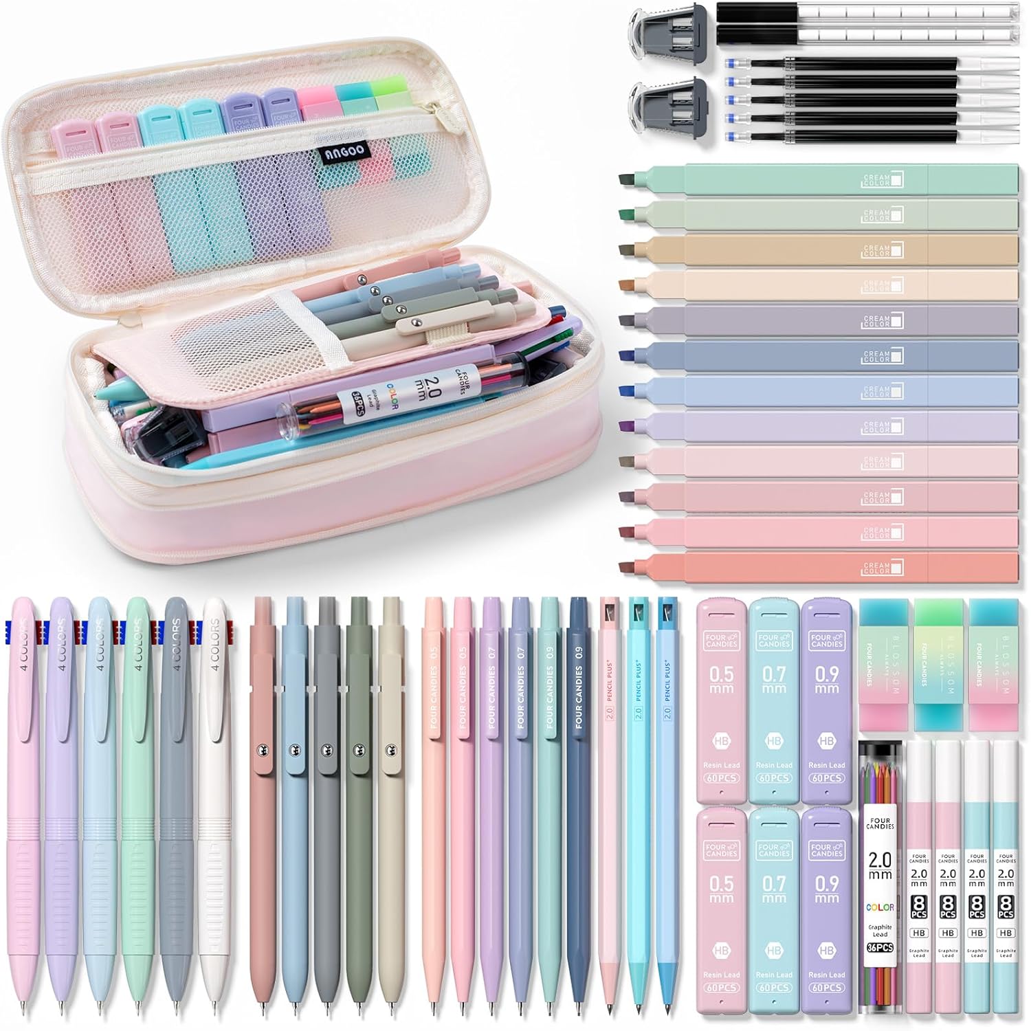 Four Candies 56 PCS Aesthetic School Supplies with Large Pencil Case, 6 Colored...