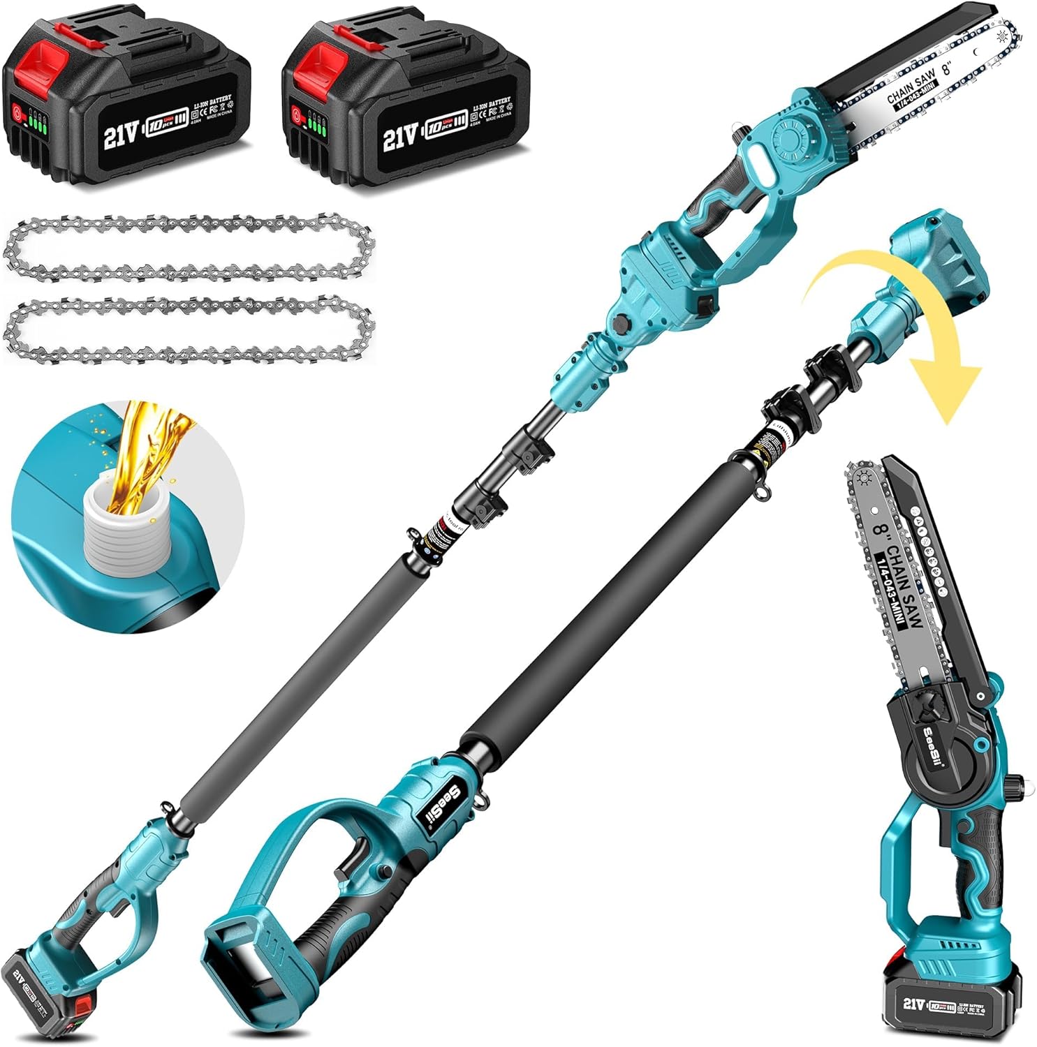 Seesii 2 in 1 Cordless 8 inch Pole Saw & Mini Chainsaw with 2 Battery, Power Ele...