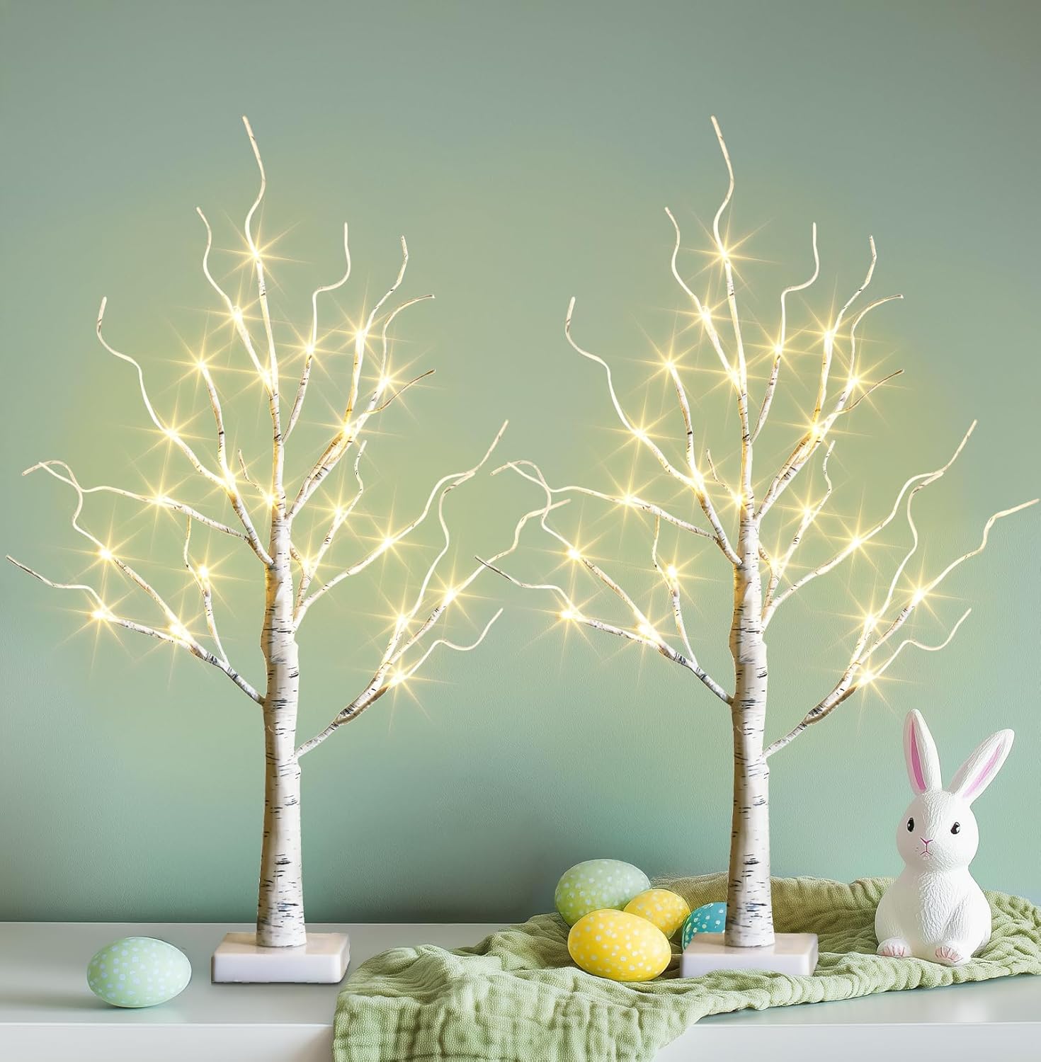 PEIDUO Easter Decorations, 2FT Birch Tree with LED Lights, Warm White Light up T...