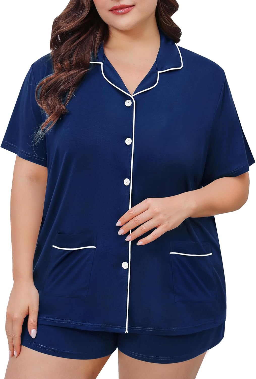 SWOMOG Women's Plus Size Pajamas Set Button Down Tops Short Sleeve Sleepwear Sof...