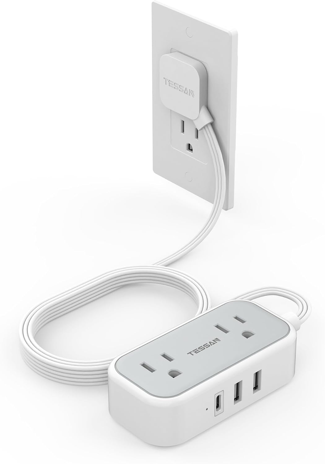 Flat Plug Extension Cord 10 FT, TESSAN Flat Power Strip with 3 USB Ports(1 USB C...