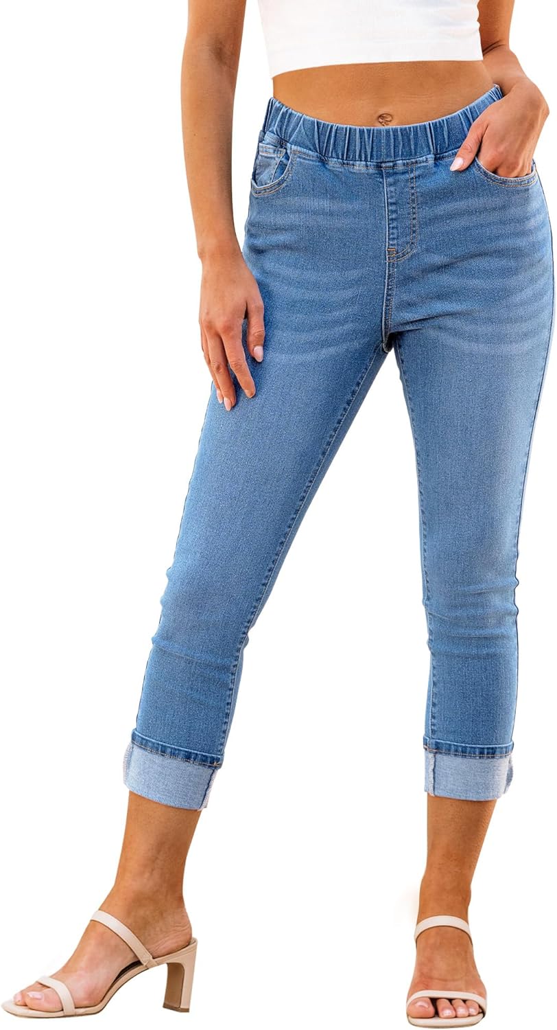 LookbookStore Capri Jeans for Women High Waisted Pull On Elastic Wasit Stretchy...