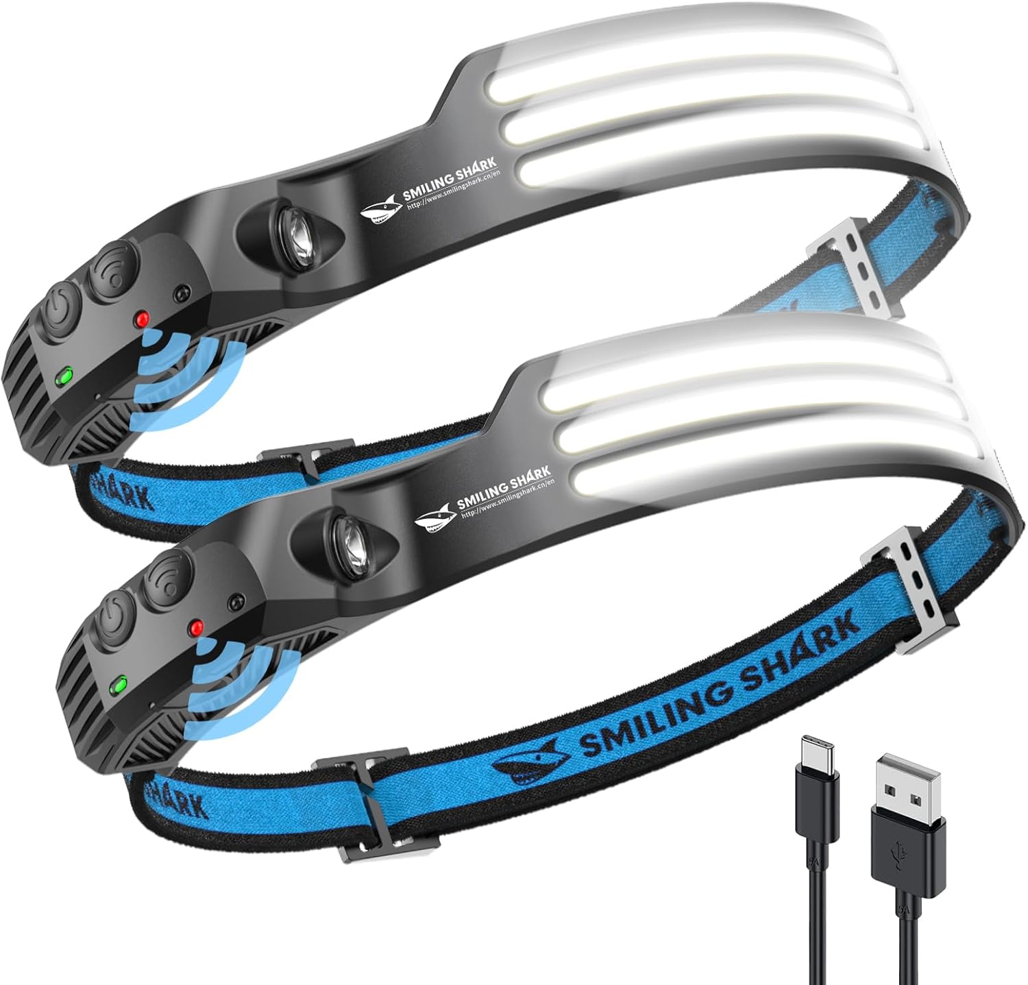 Smiling Shark LED Rechargeable Headlamp, 230°Wide Angle 2 Pack 3*White Light Lig...