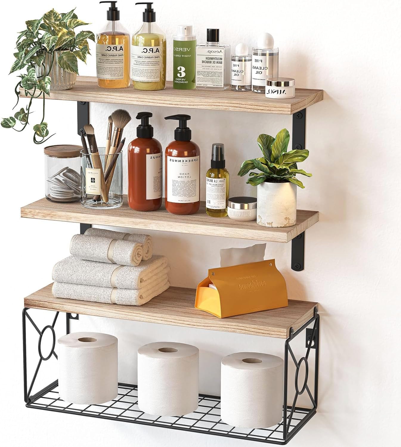 Pipishell Floating Shelves with Wire Strorage Basket, Paulownia Wood Bathroom Sh...