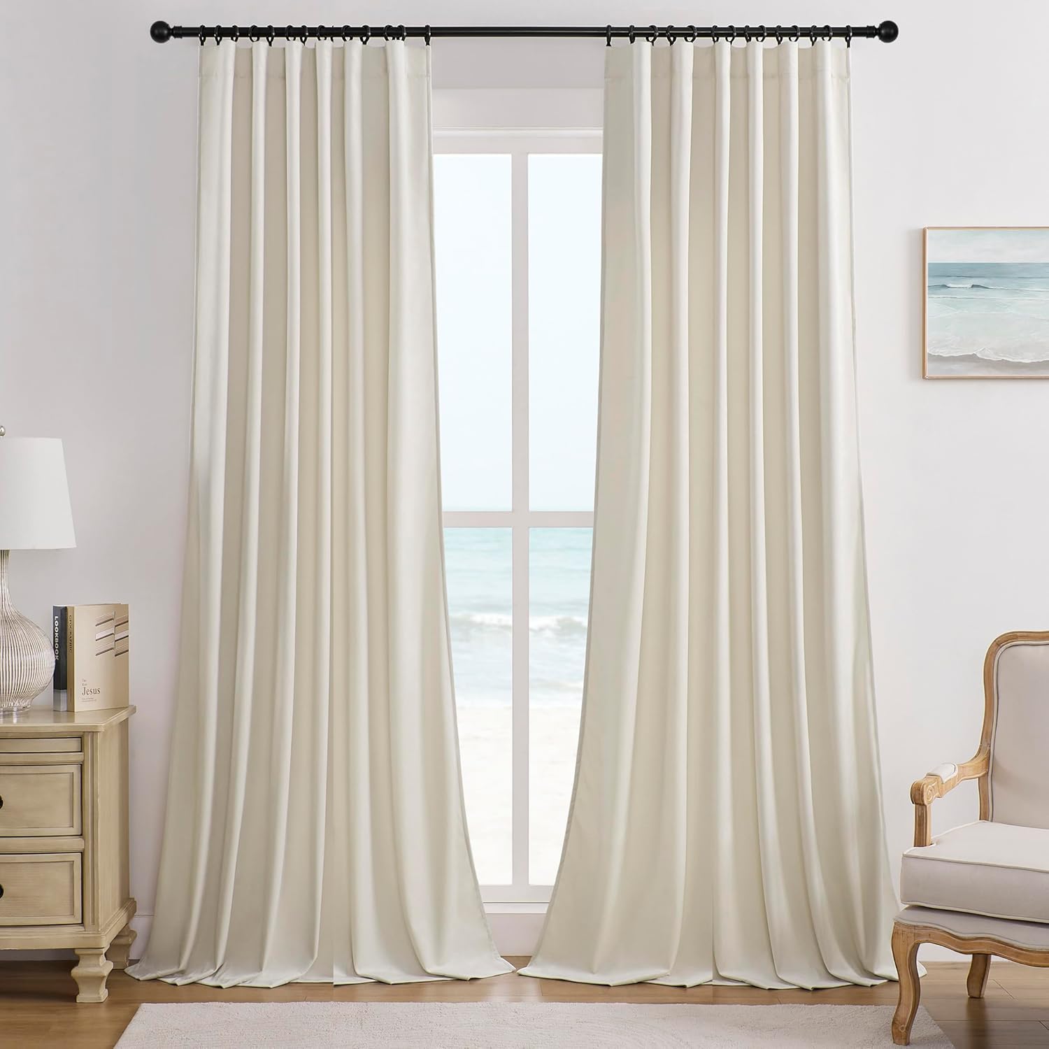 Timeper Beige Cream Pleat Back Tab Velvet Curtains W52 x L90 inches 2 Panels, Ro...