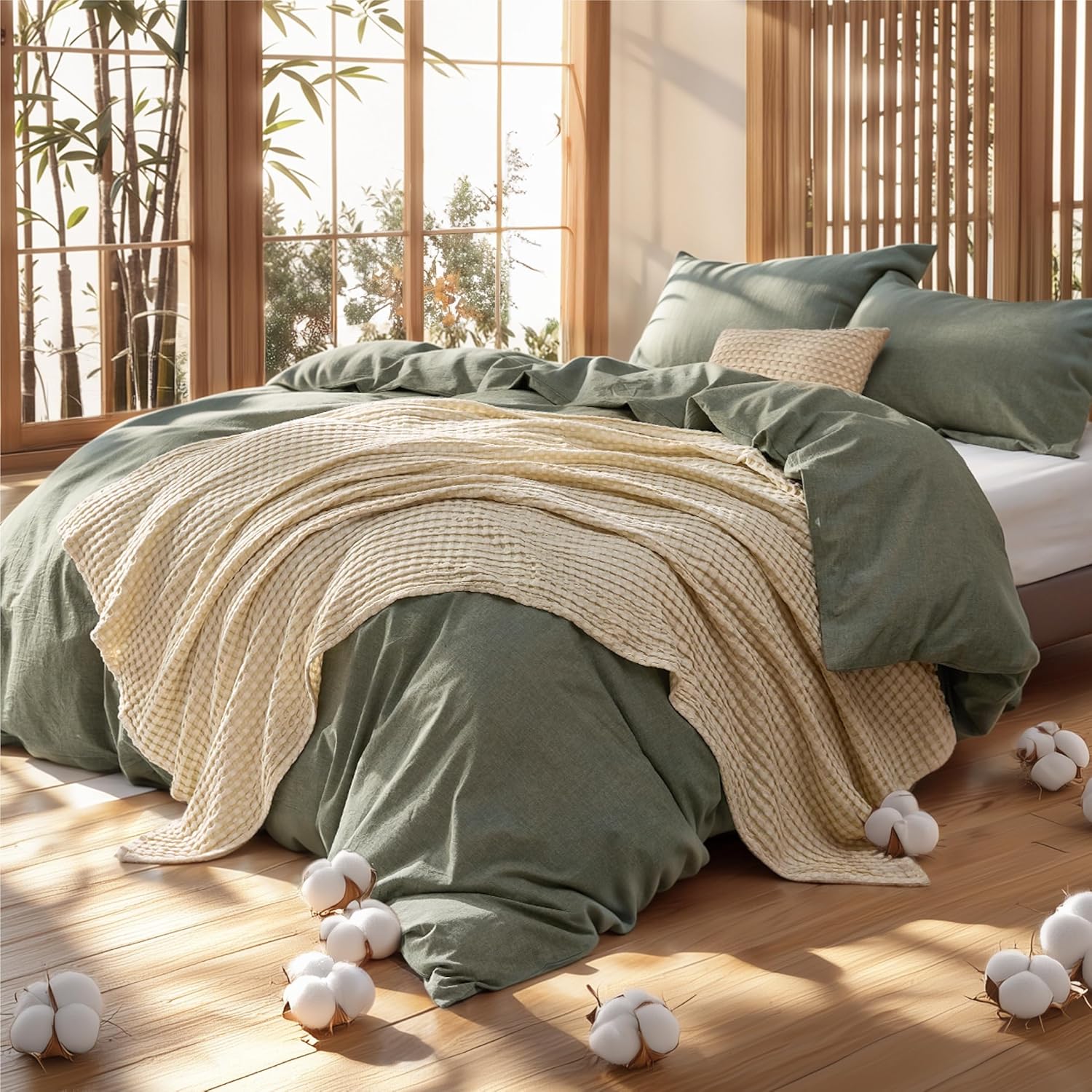 Bedsure 5 PCS Cotton Comforter Set with Cotton Waffle Throw Blanket - Olive Gree...